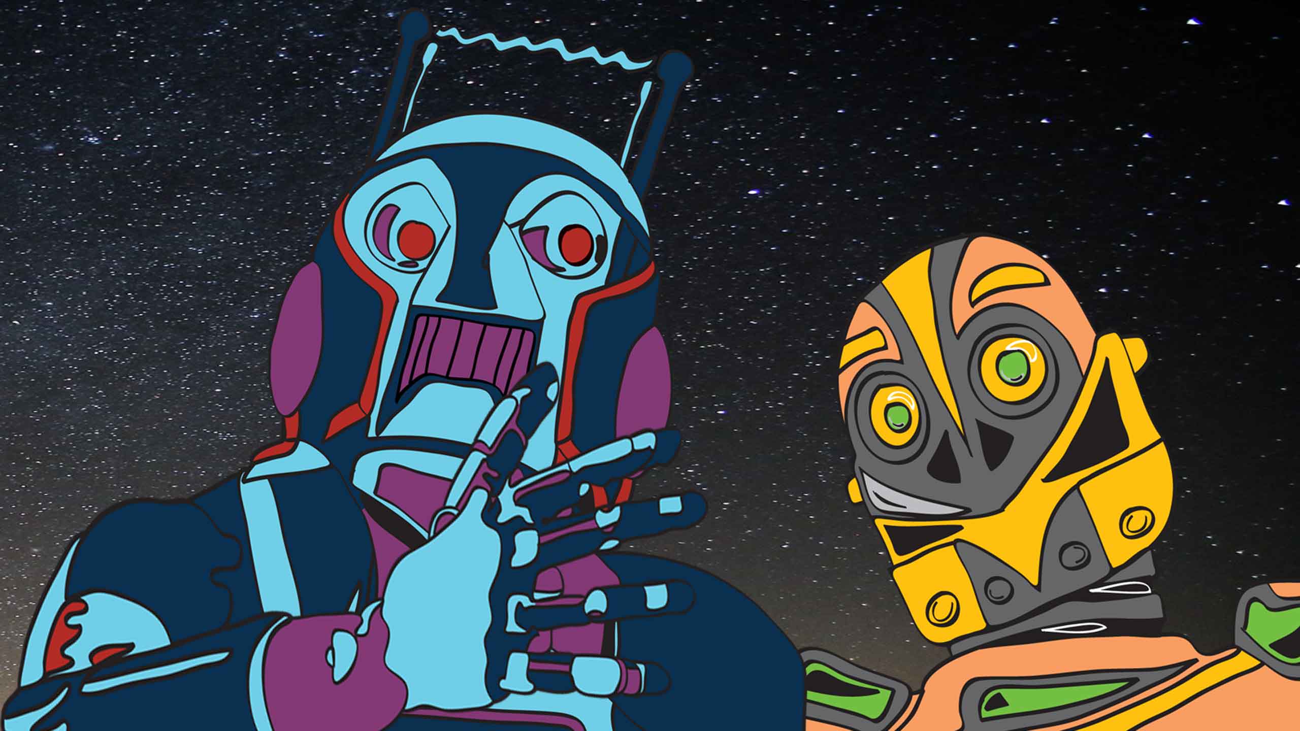 Illustration showing faces of one blue and purple robot and another yellow and grey robot