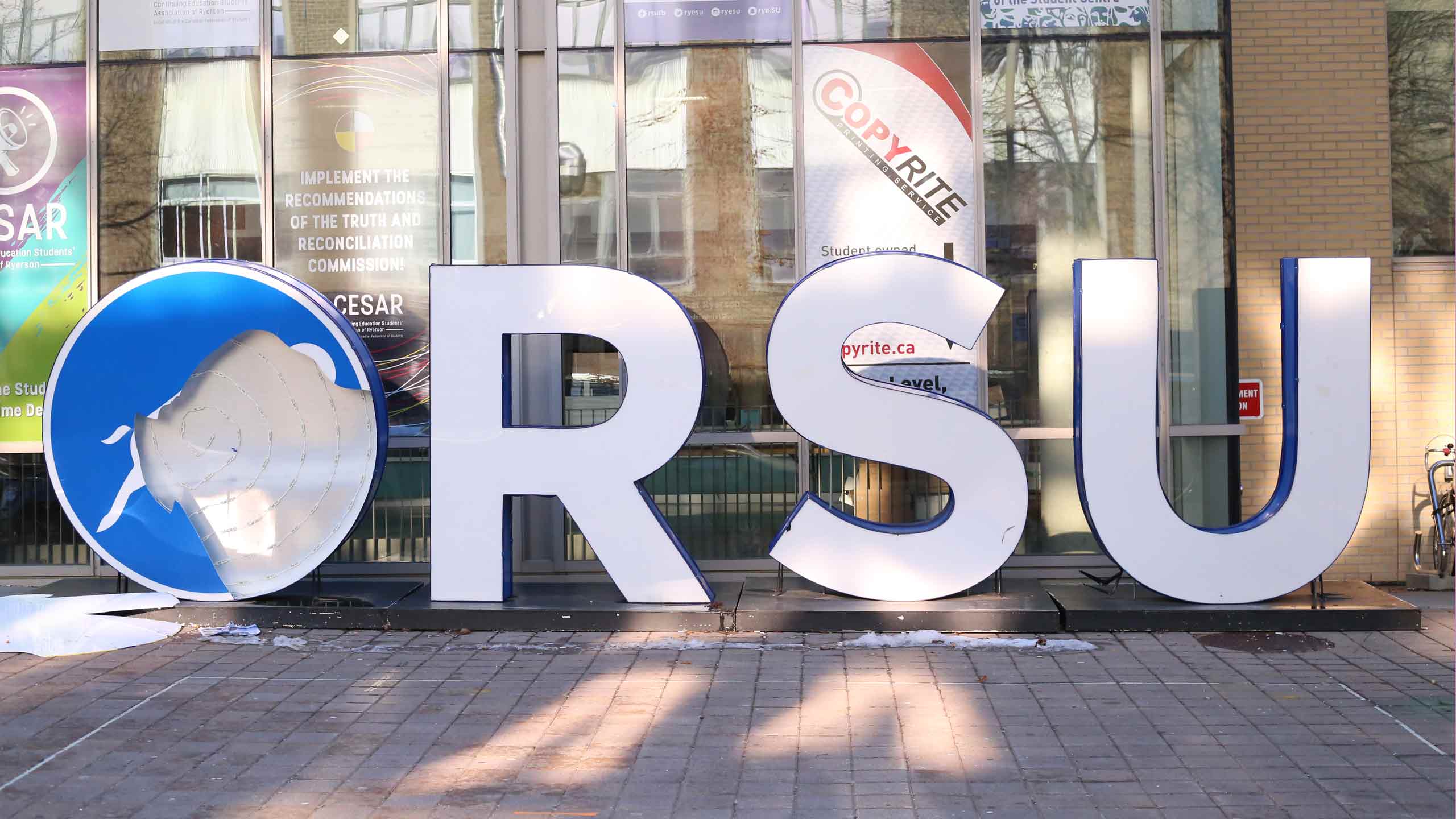 The Ram of the RSU giant logo has been kicked in and damaged.