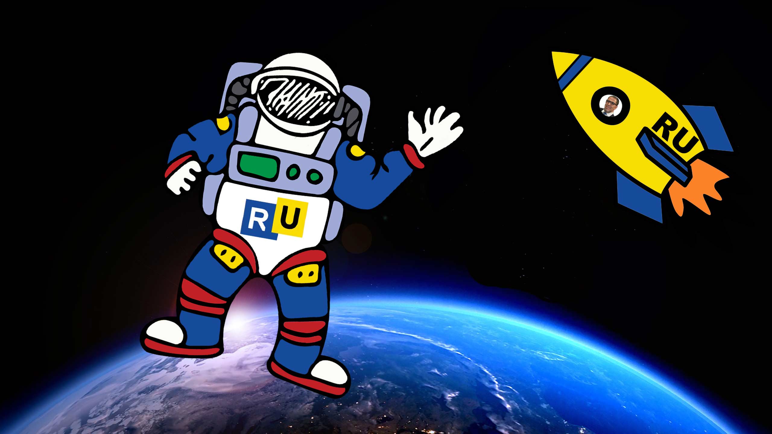 A Ryerson astronaut floats in space. A rocket ship flown by Mohammed Lachemi flies next to it