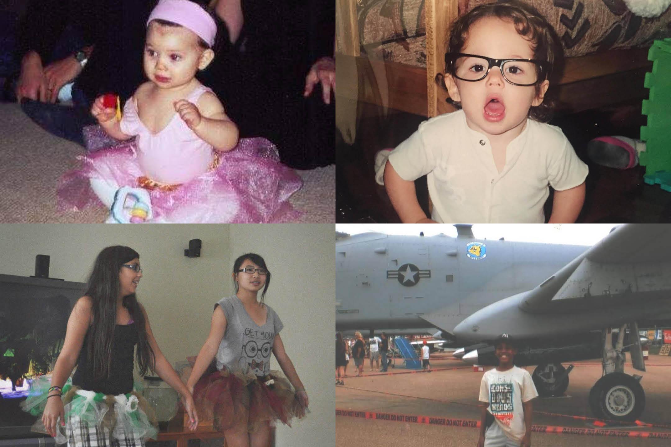 A collage of photos. A little toddler in a pink ballerina outfit, a little boy with big glasses, two teen girls practicing a dance routine and a boy in front of an airplane.