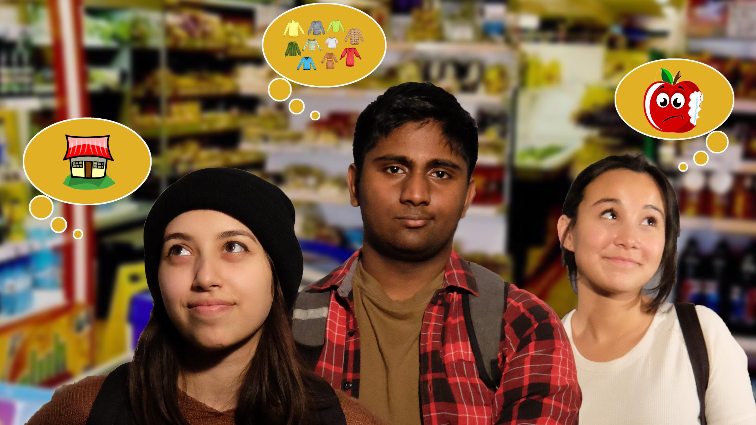 A line of young people in a store, thinking about what they're hoping to buy.