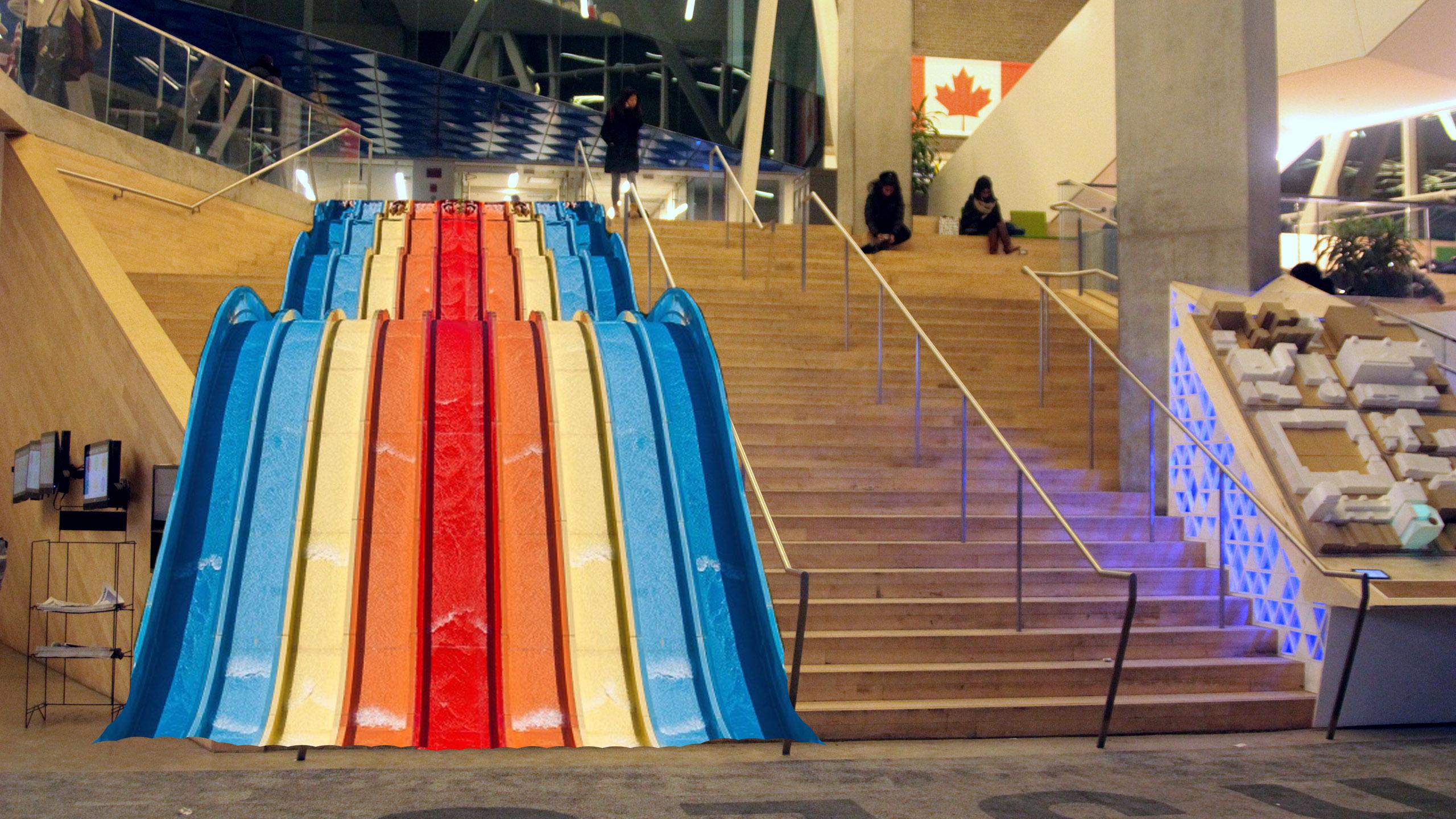 A photo of a staircase replaced with a slide.