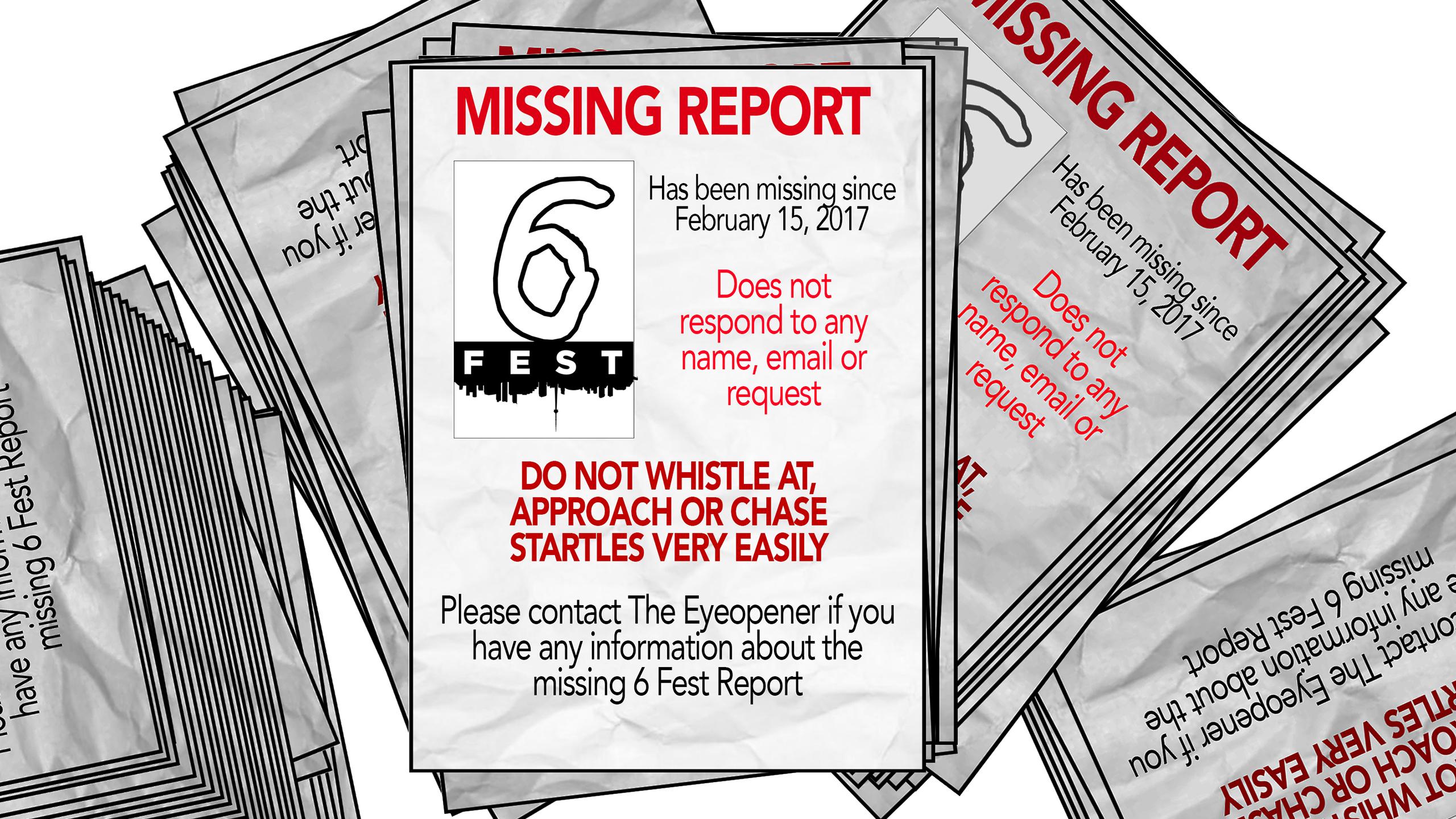 Illustrated missing posters for the 6 Fest report.