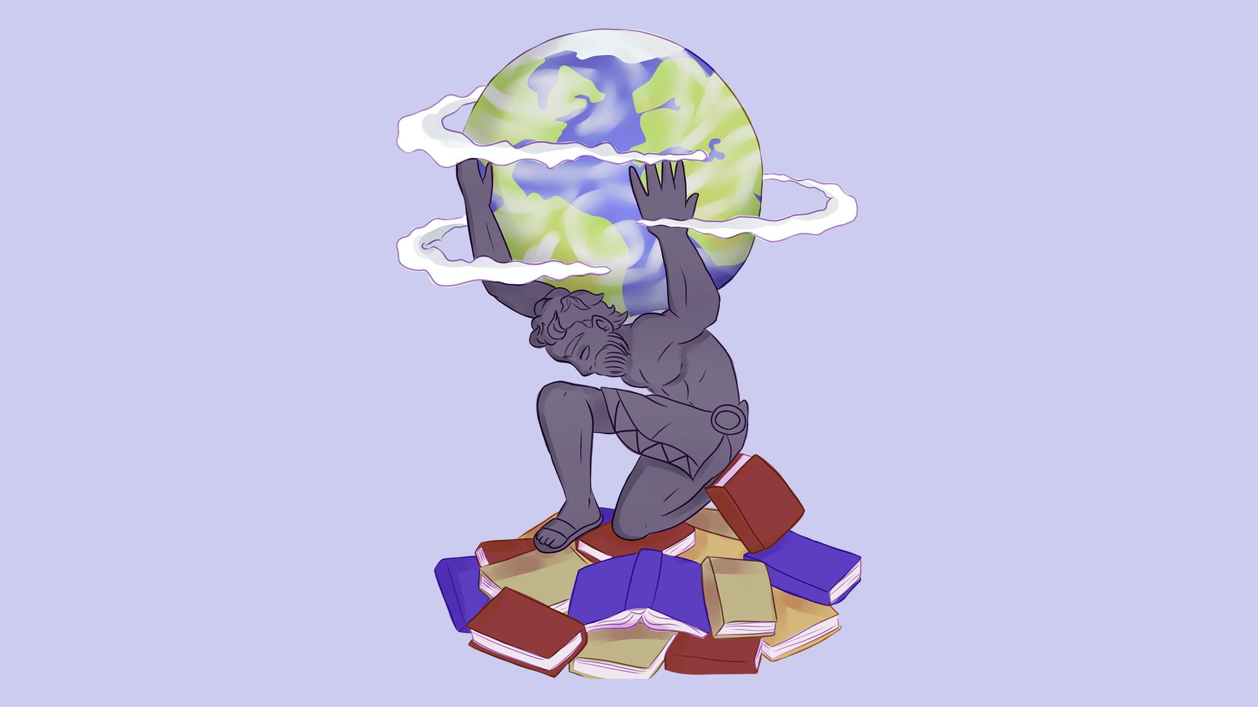 An illustration of Atlas knelling on a pile of textbooks holding up the world