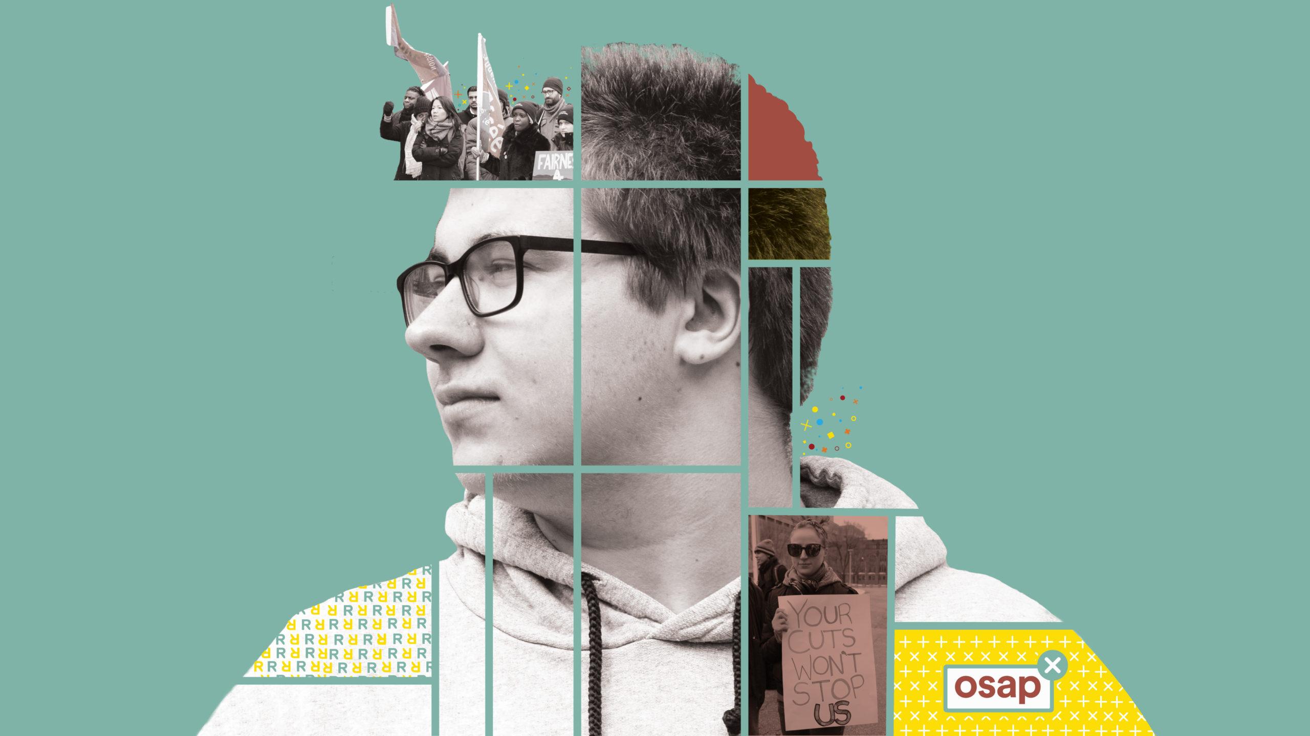 Boy looks to the right with bars across him