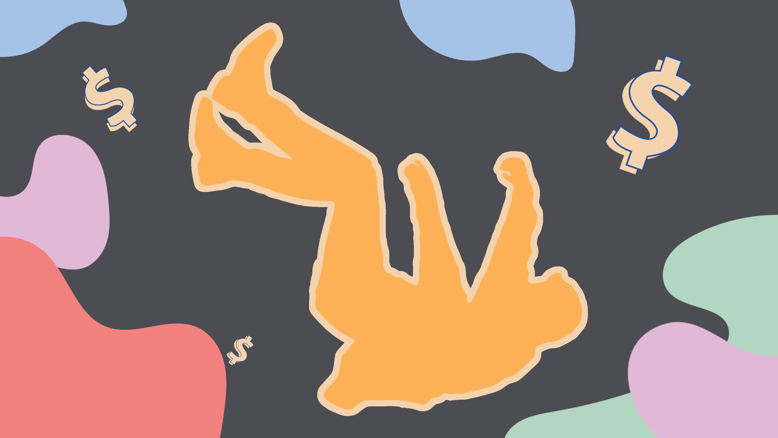 A student free-falls with dollar signs floating around them.