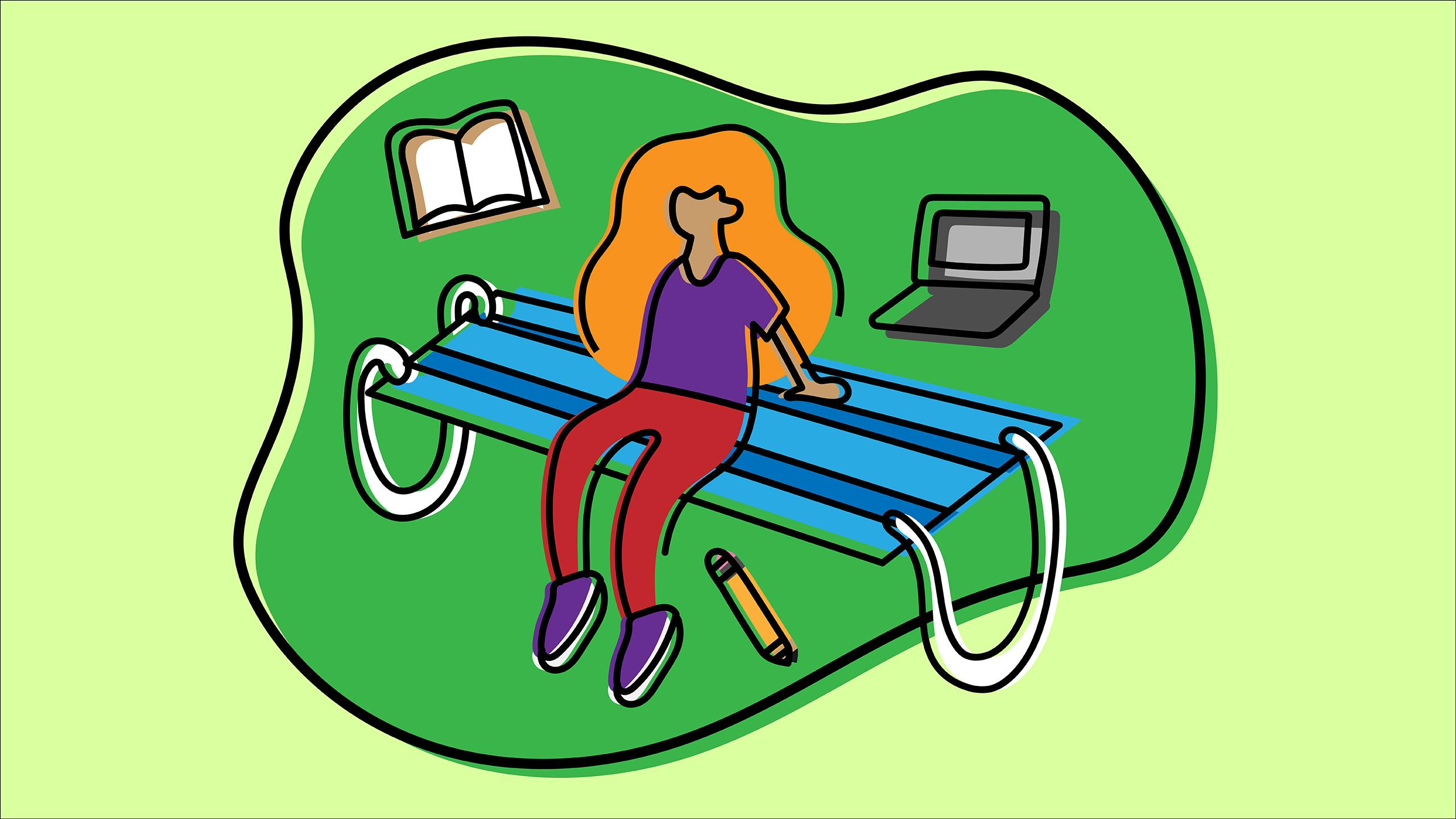 Girl sitting on a massive medical mask surrounded by a floating book, laptop, and pencil.