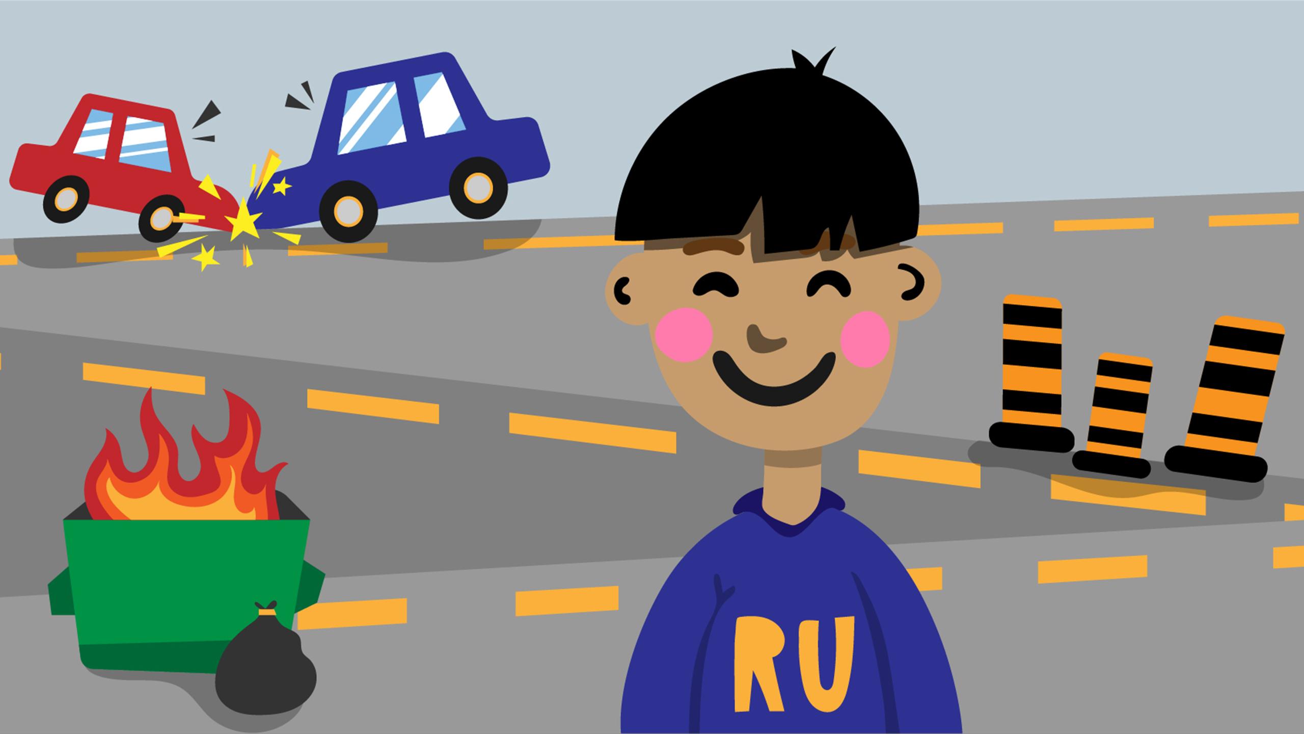 Illustration of a guy smiling and wearing a Ryerson sweater. In the background is a dumpster fire, construction pylons, and a car crash.