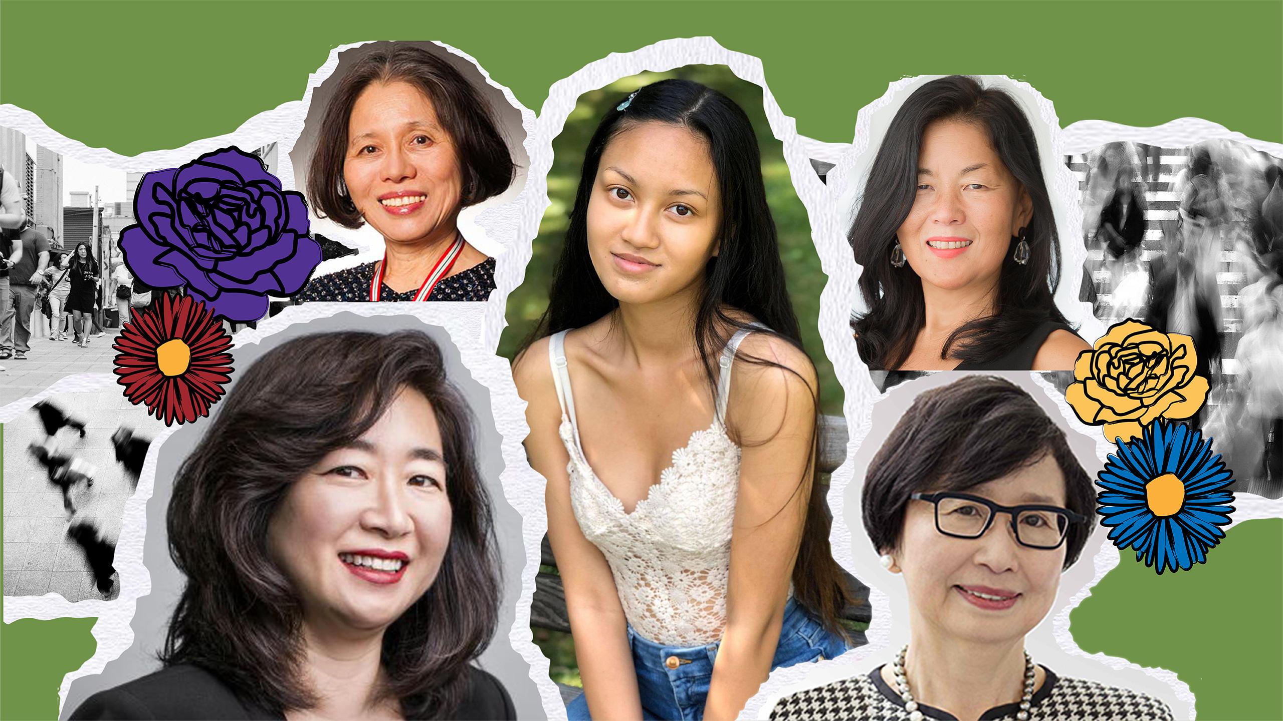 Collage of 5 Asian women with flowers and crowds in the background.