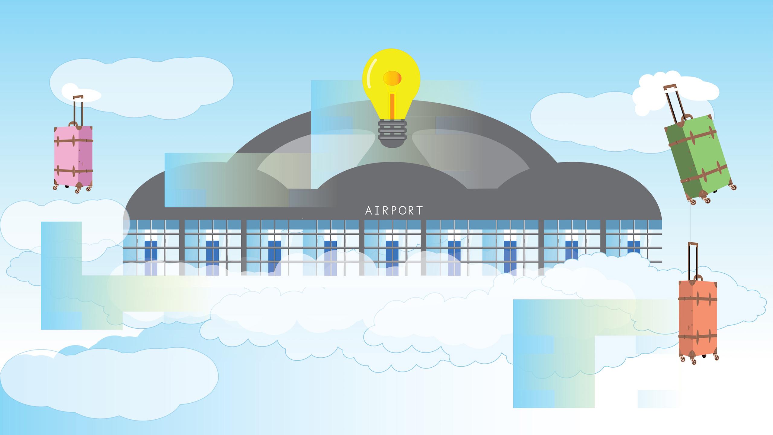 Illustration of an airport floating on a cloud with an idea lightbulb and floating baggage around it.