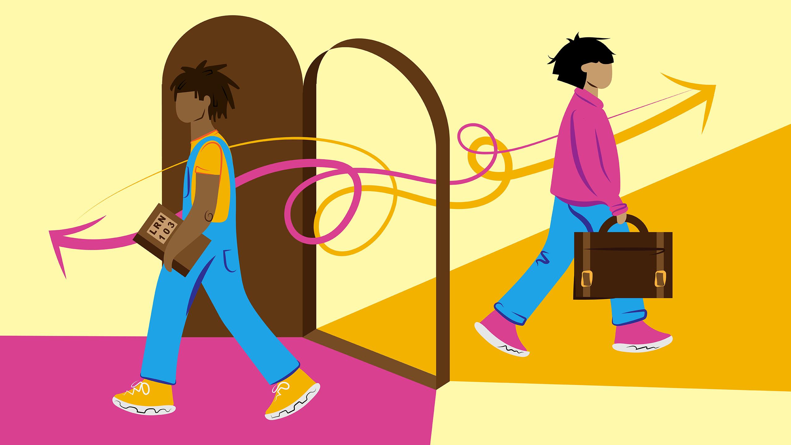 Illustration of a guy walking through an open door holding a textbook while a second person exits, walking in the opposite direction, holding a briefcase.