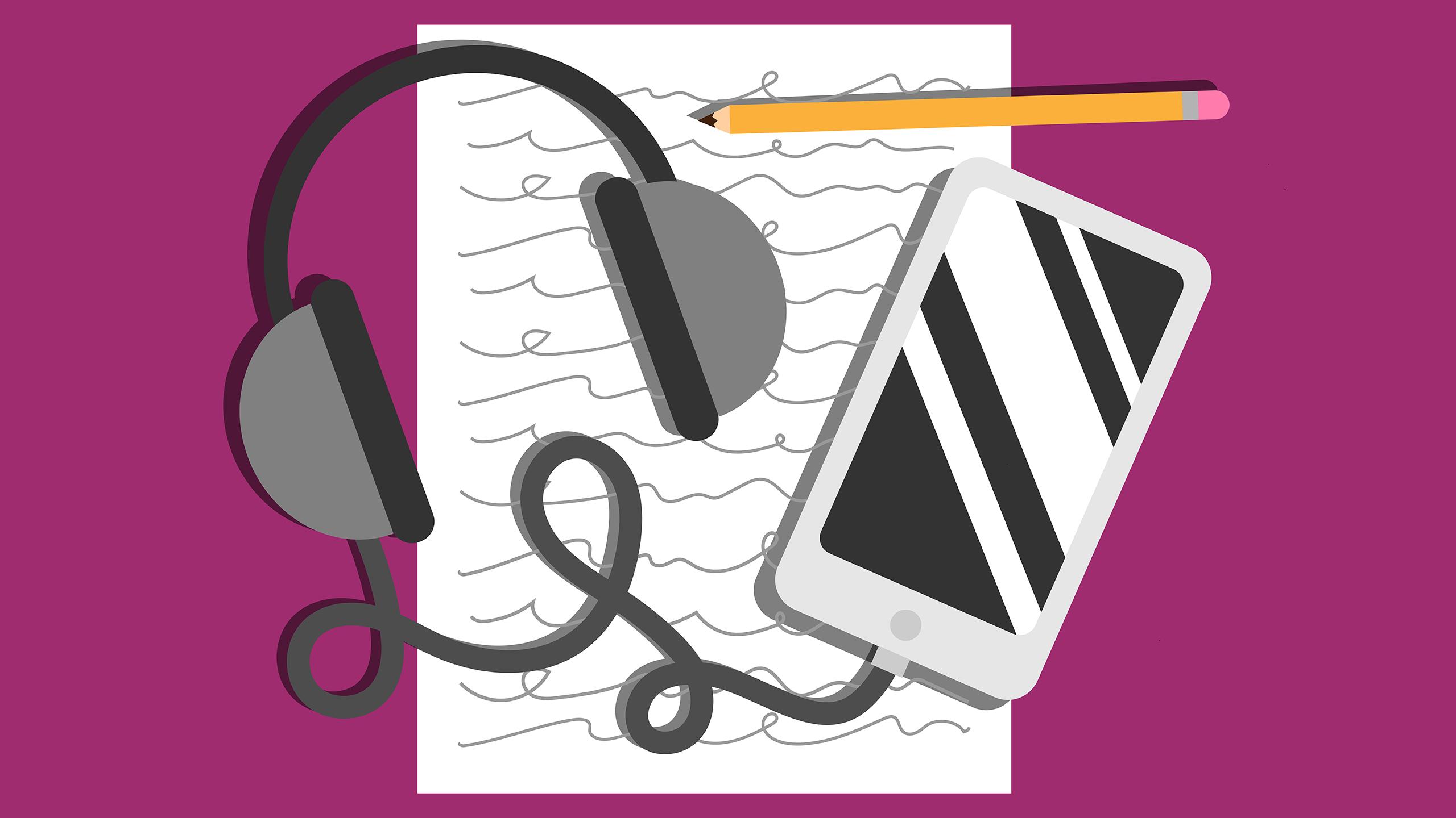 Illustration of a cellphone connected to a pair of headphones. Both are on top of handwritten notes with a pencil.