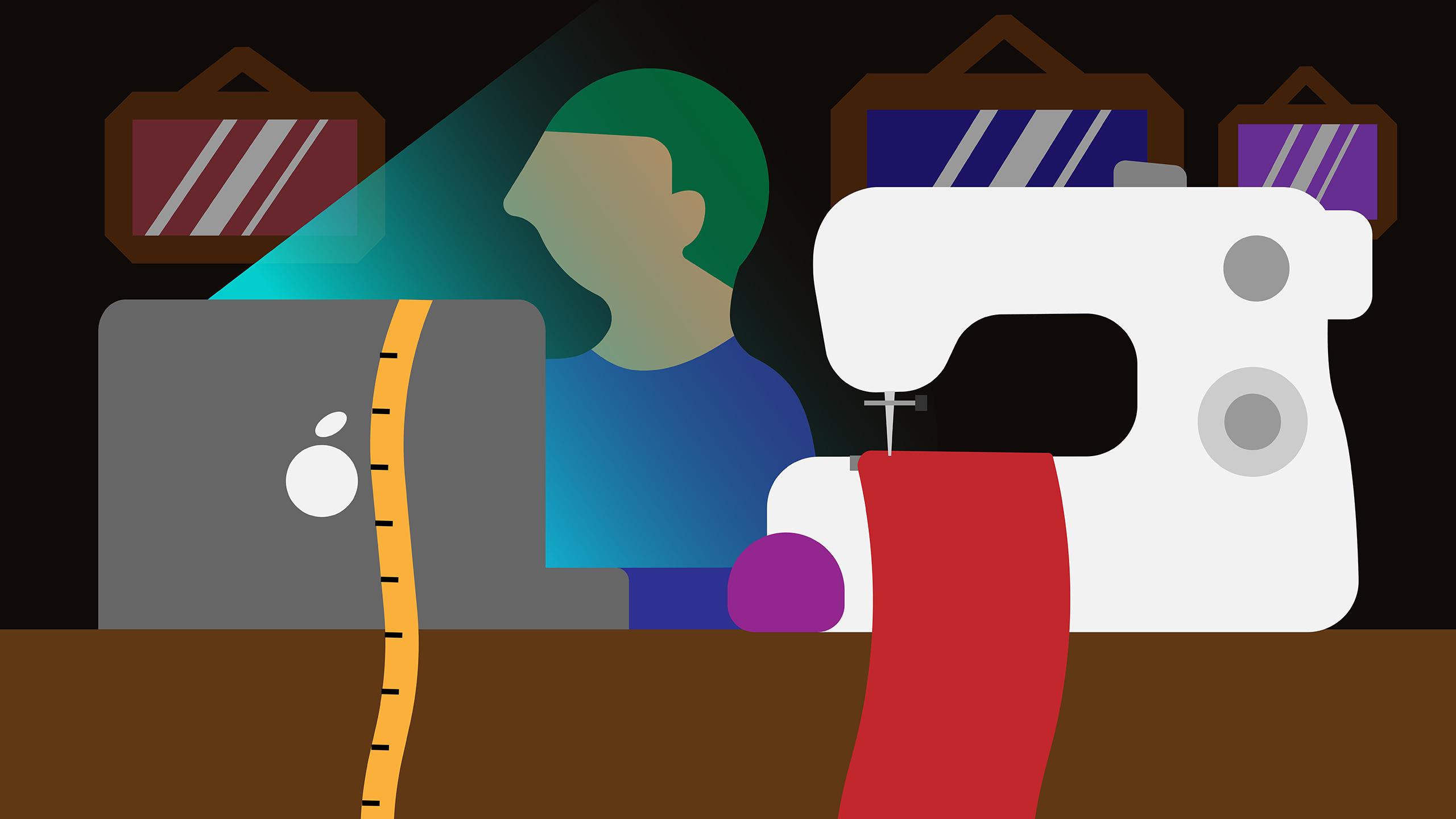 Illustration of a student studying on a laptop at night at a desk with a sewing machine, fabric, and a measuring tape.