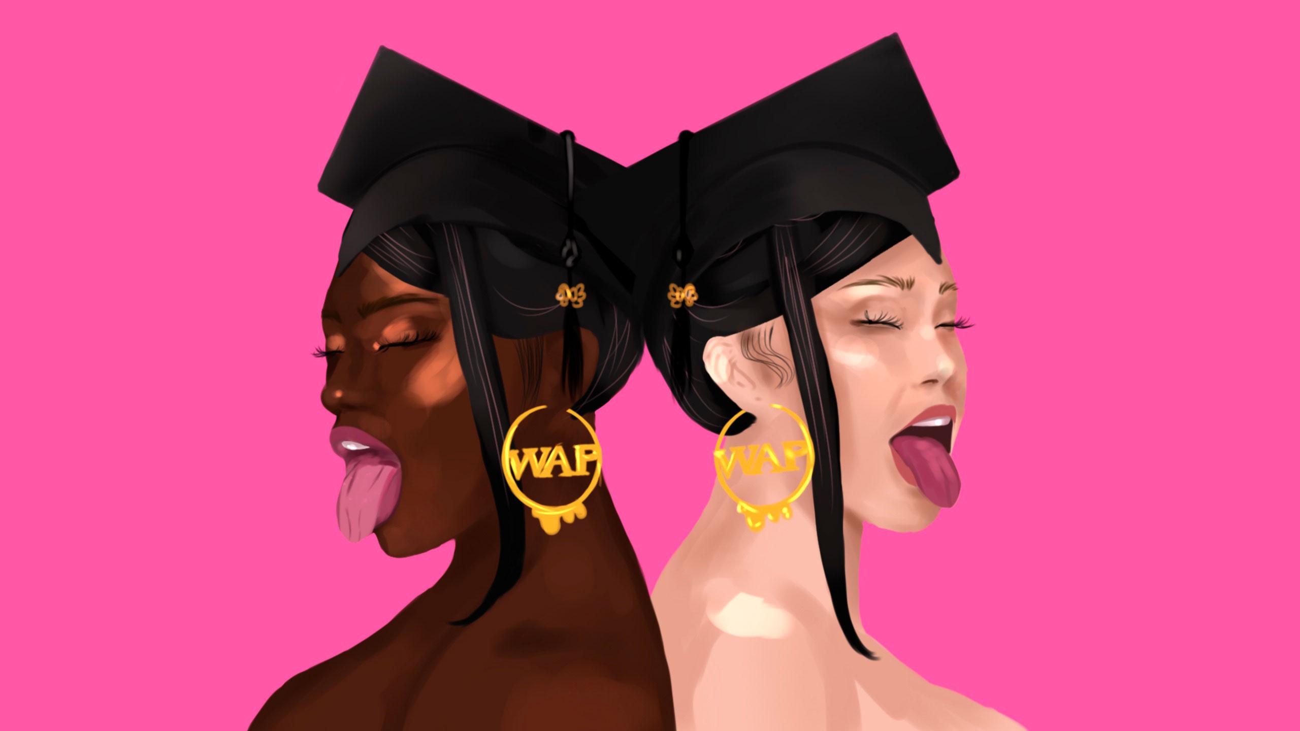 A recreation of the WAP cover album, with two girls standing back to back to each other, both wearing graduation caps.