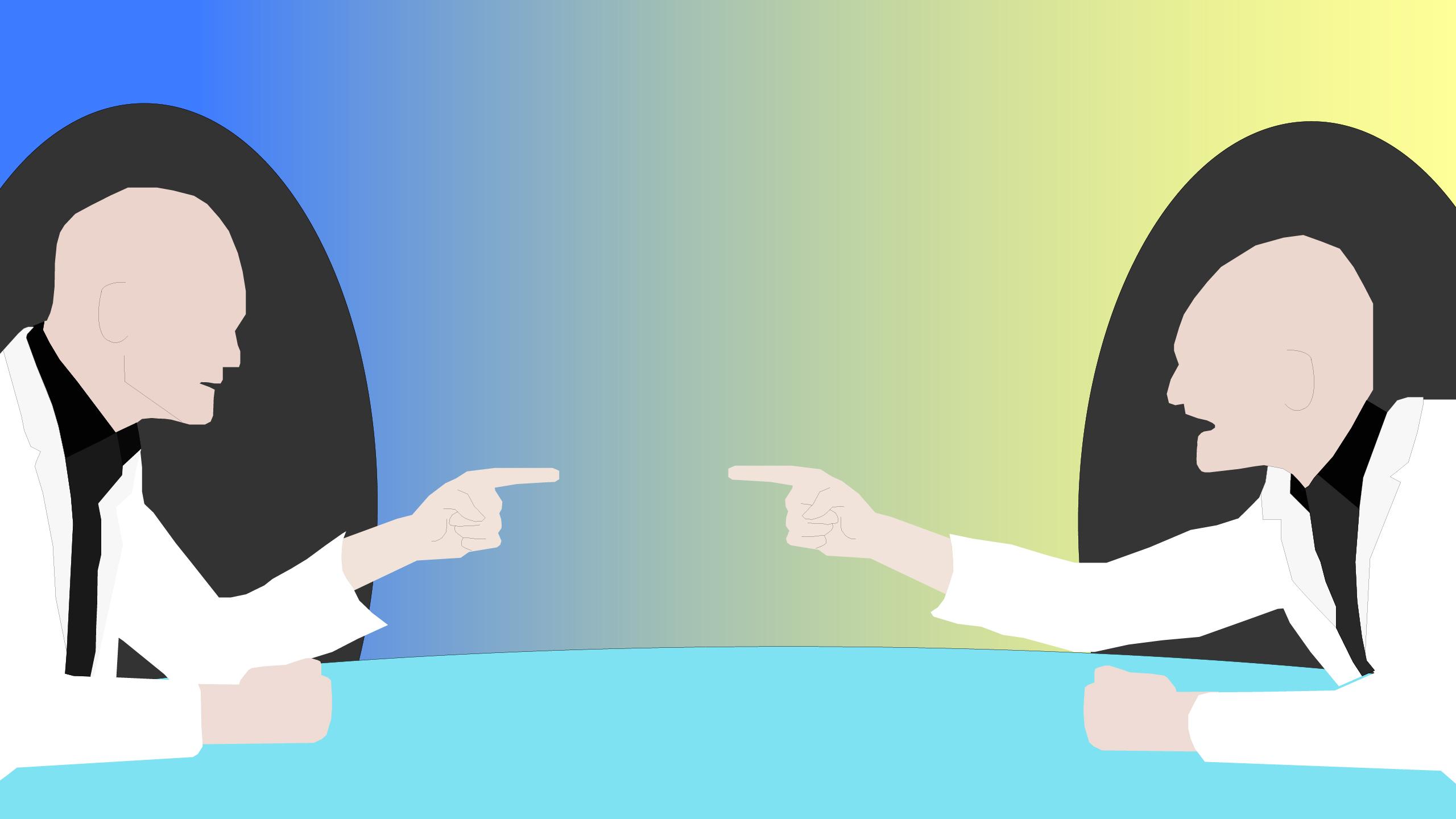 Illustration of two older white men pointing fingers at each other angrily at a conference table.