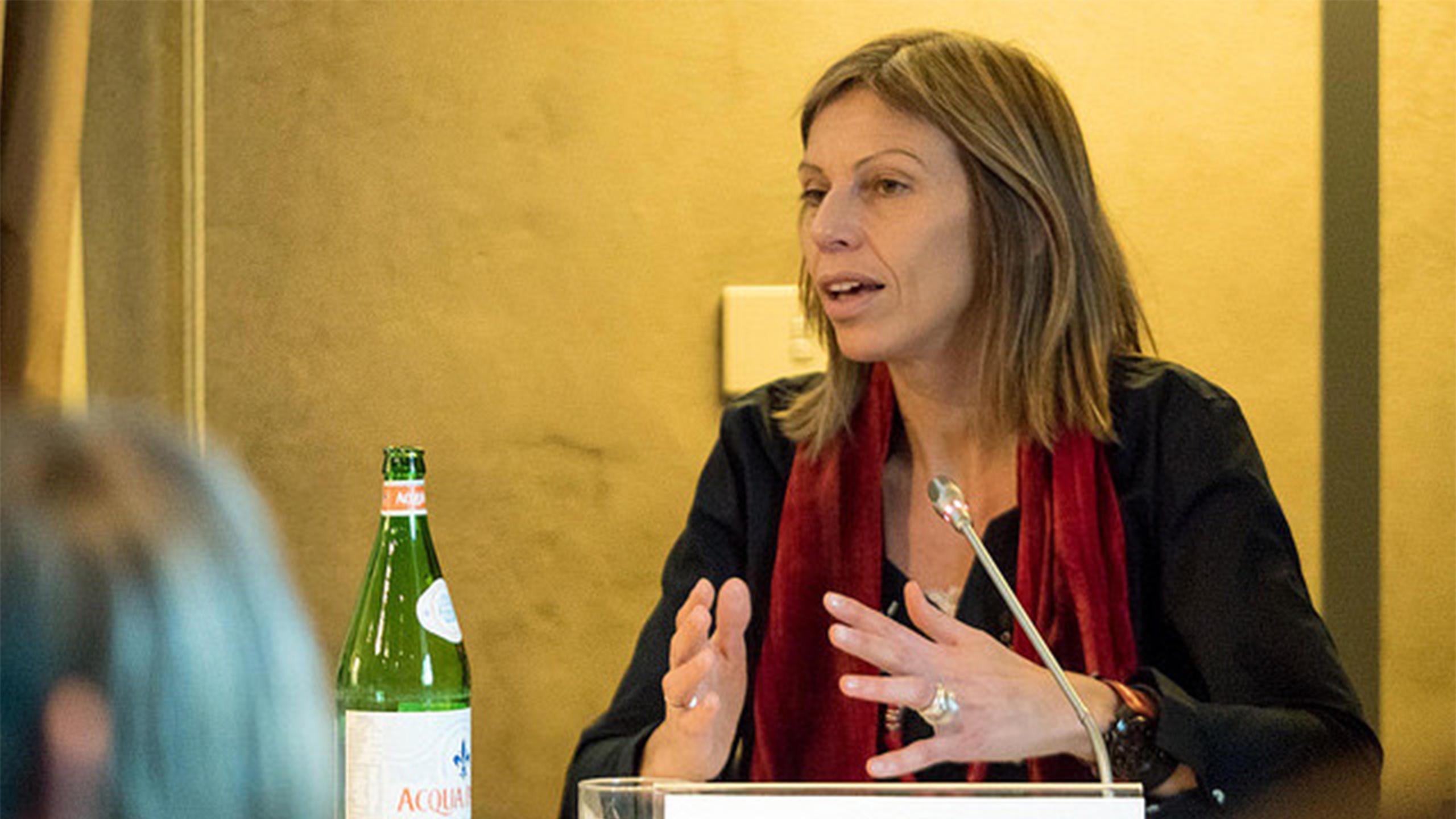 Anna Triandafyllidou speaking at a panel.