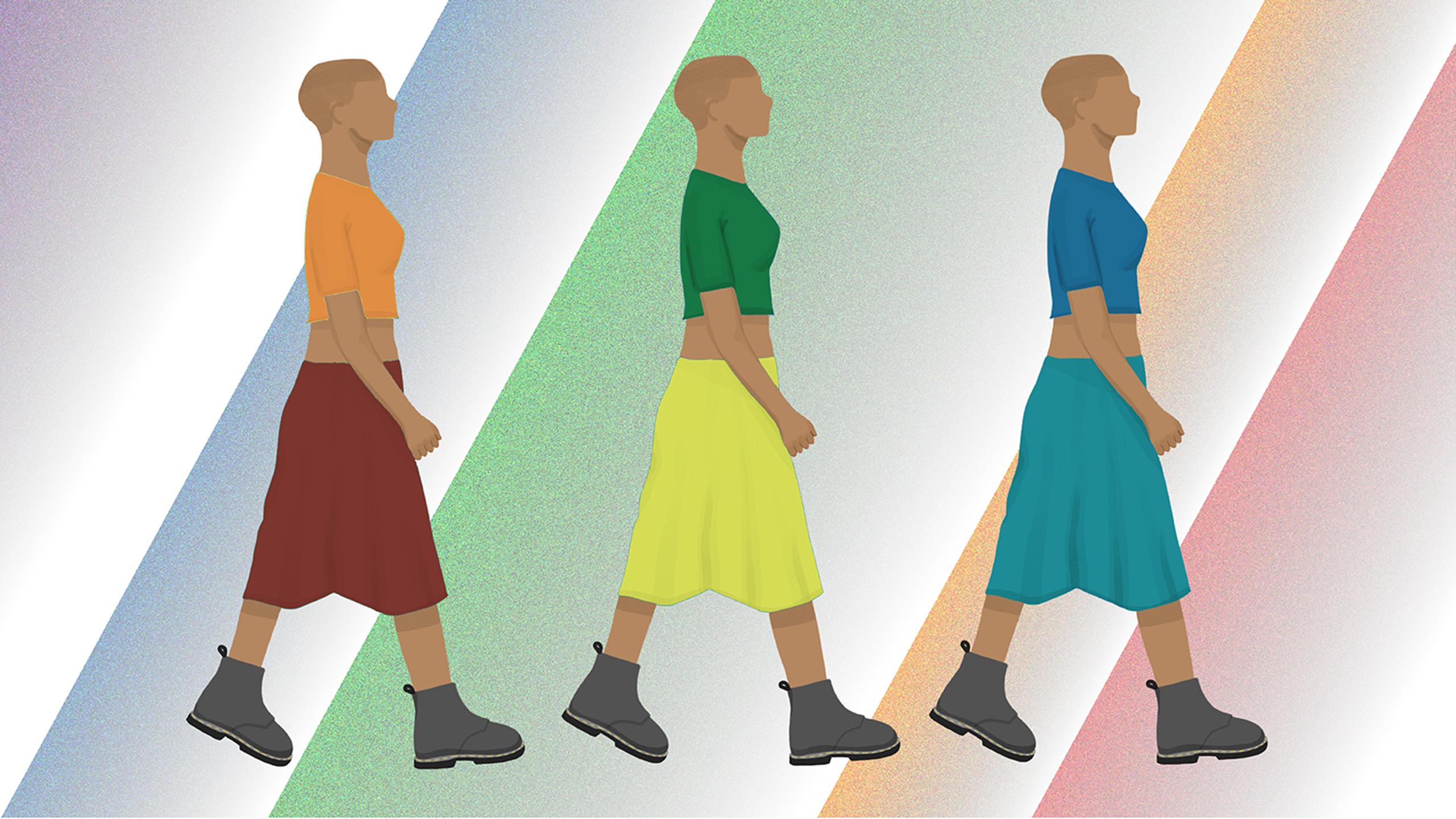 Femme person walking wearing 3 variations of the same outfit with the colours of the rainbow.