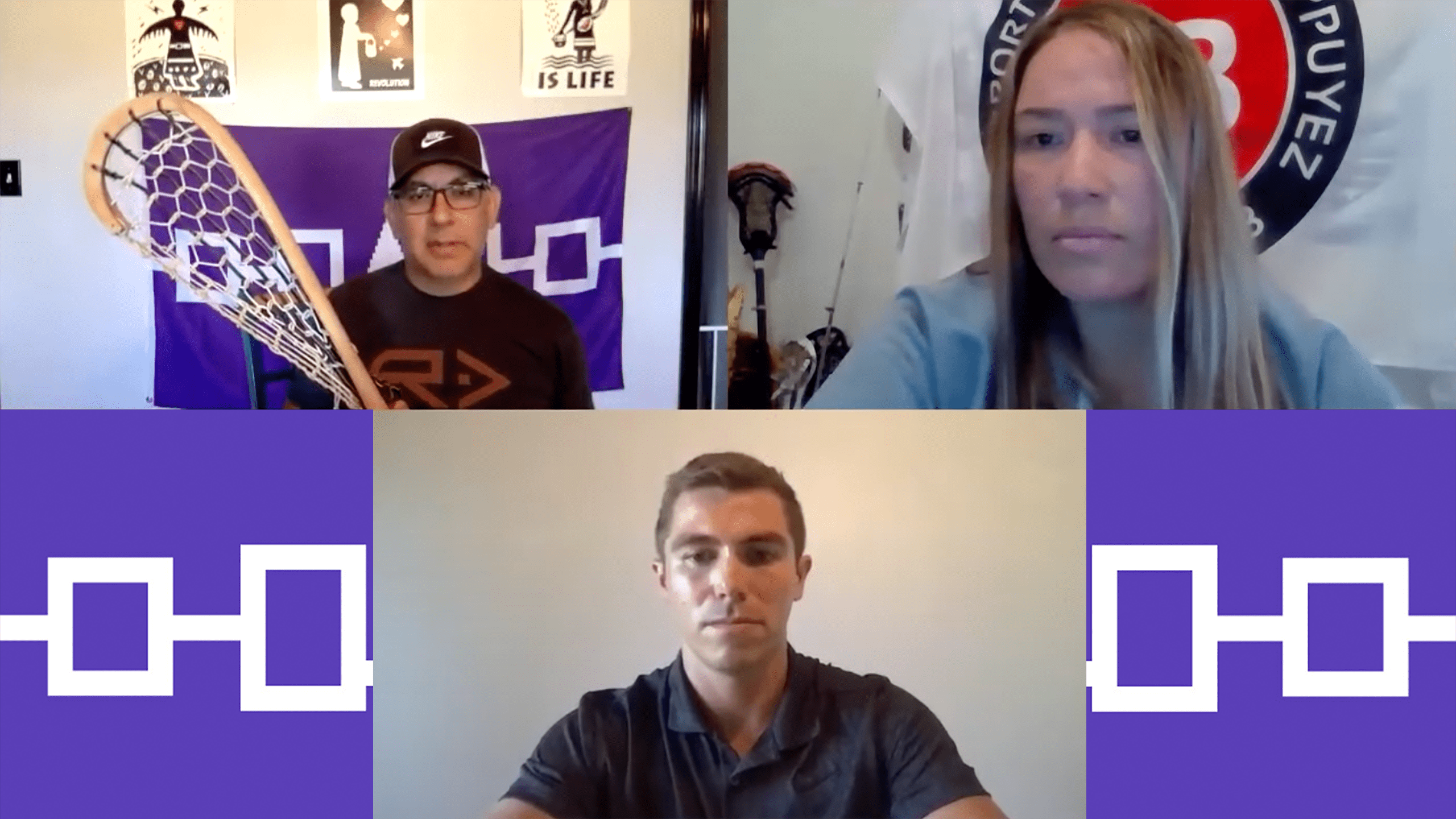 Screenshot of Dallas Squire, Mekwan Tulpin and Keir Johnston during their panel on lacrosse's Indigenous history