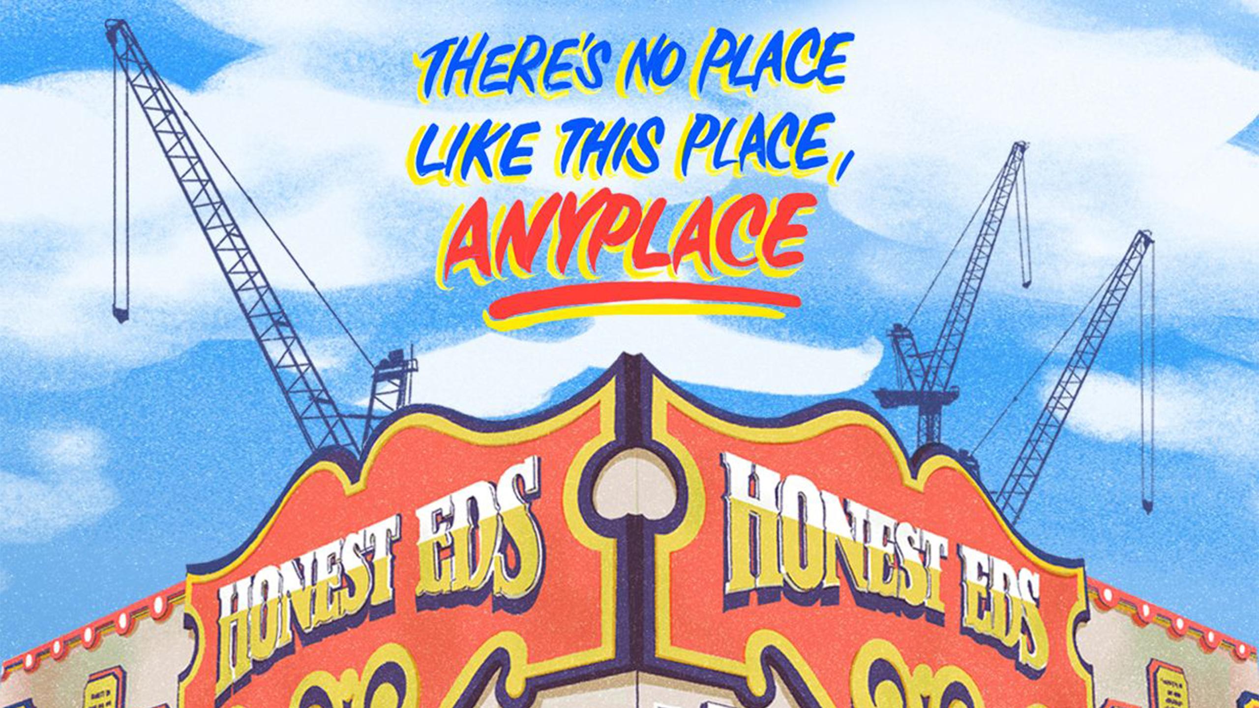 Illustrated movie poster of Honest Eds department store with text that reads "there's no place like his place, anyplace."