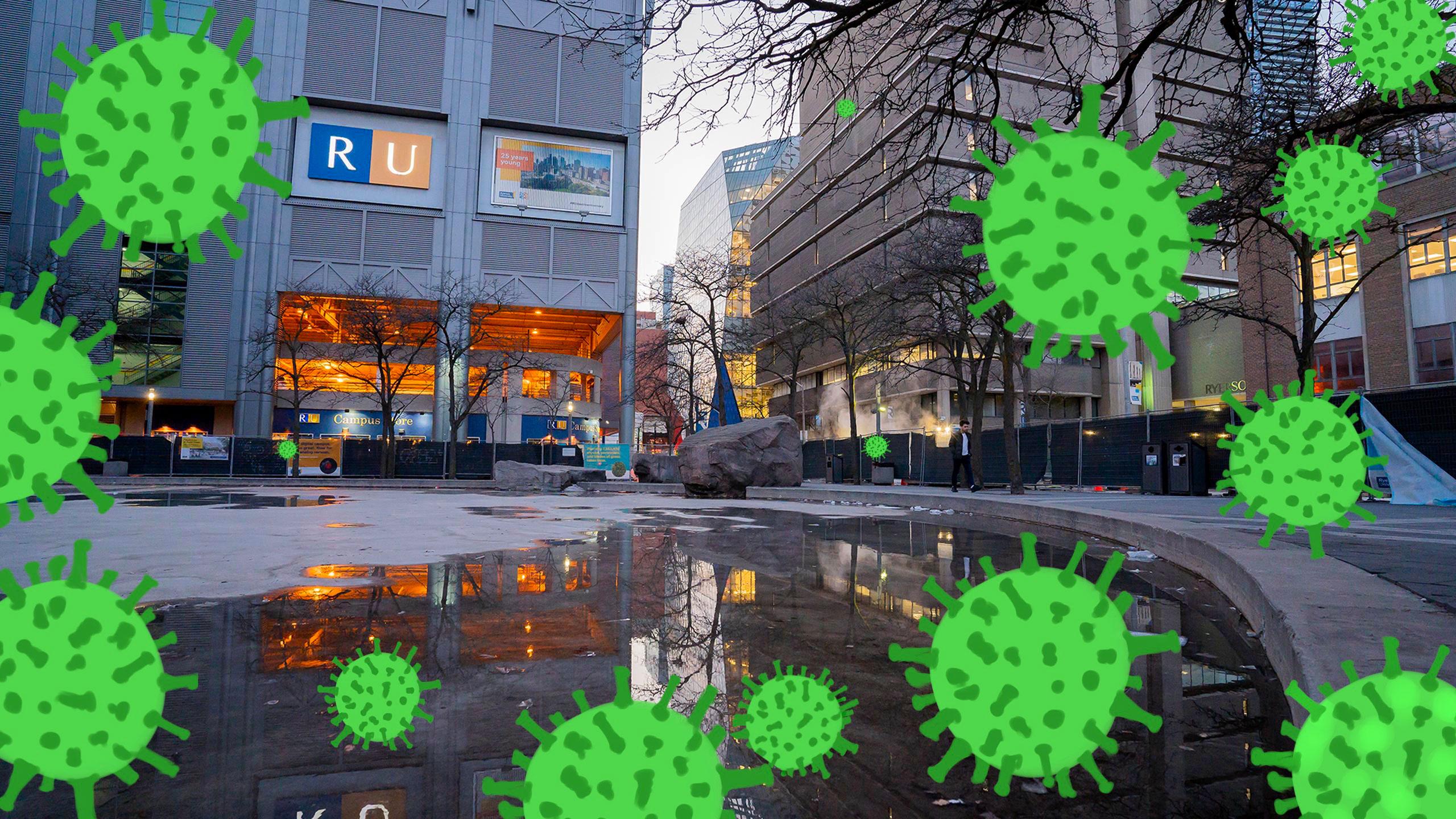 Ryerson Campus with illustrated virus's floating in the air.