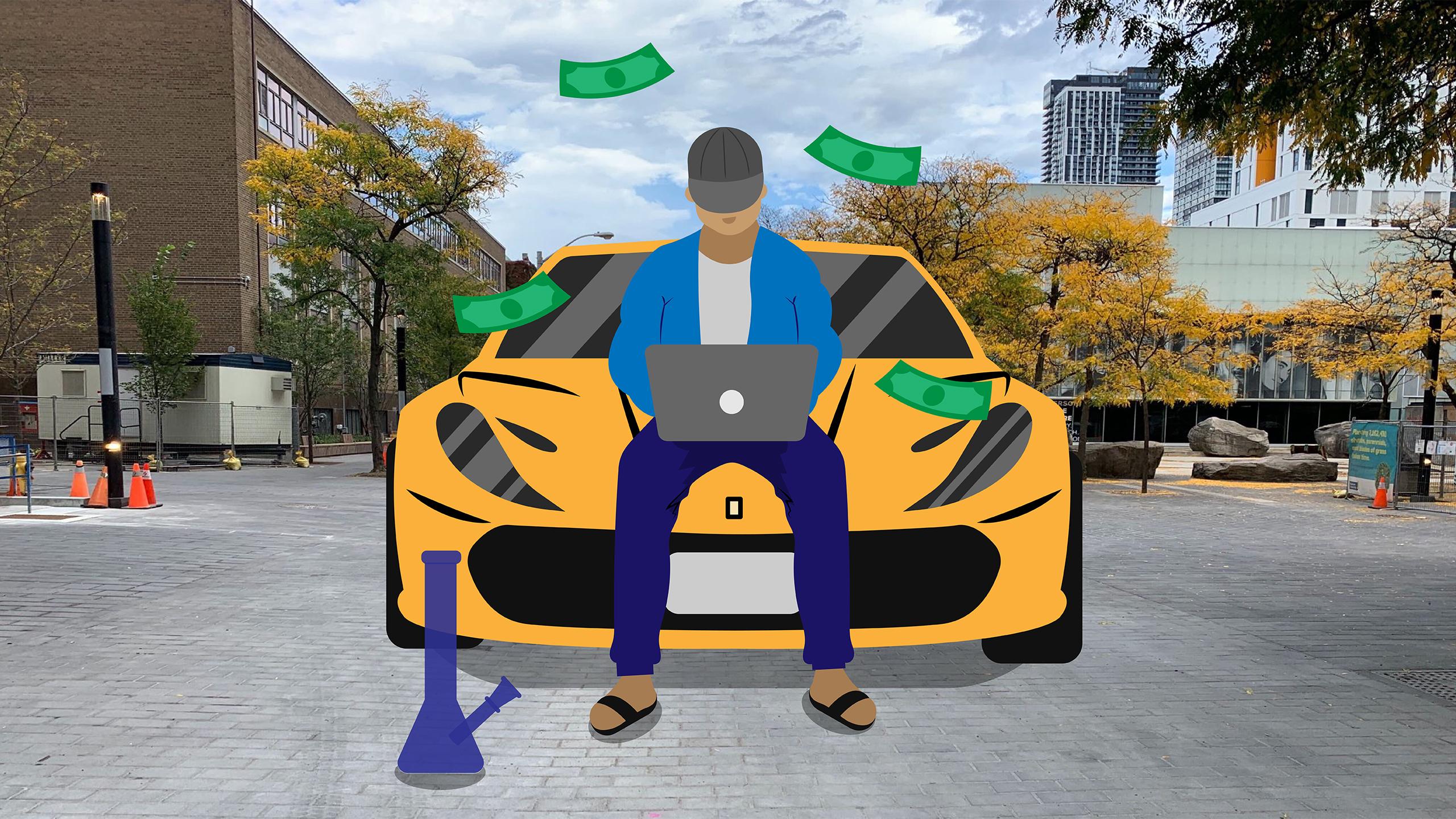 A man using his laptop sitting on the hood of a fancy sports car on Gould St. There is a bong at his feet and dollar bills around him.