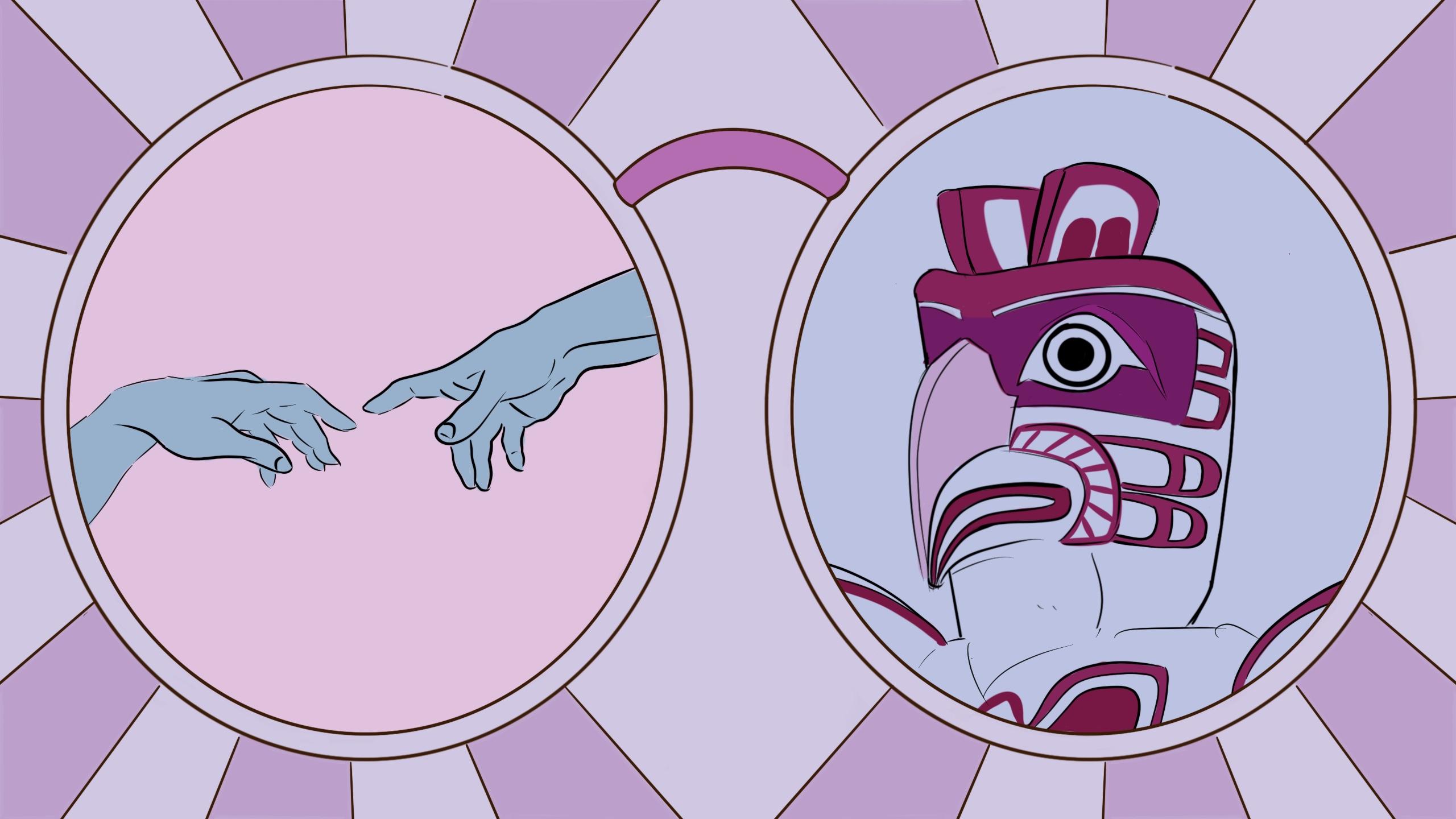 A pair of glasses, with one lens depicting two hands reaching to one another, and the second lens with the top of a totem pole.