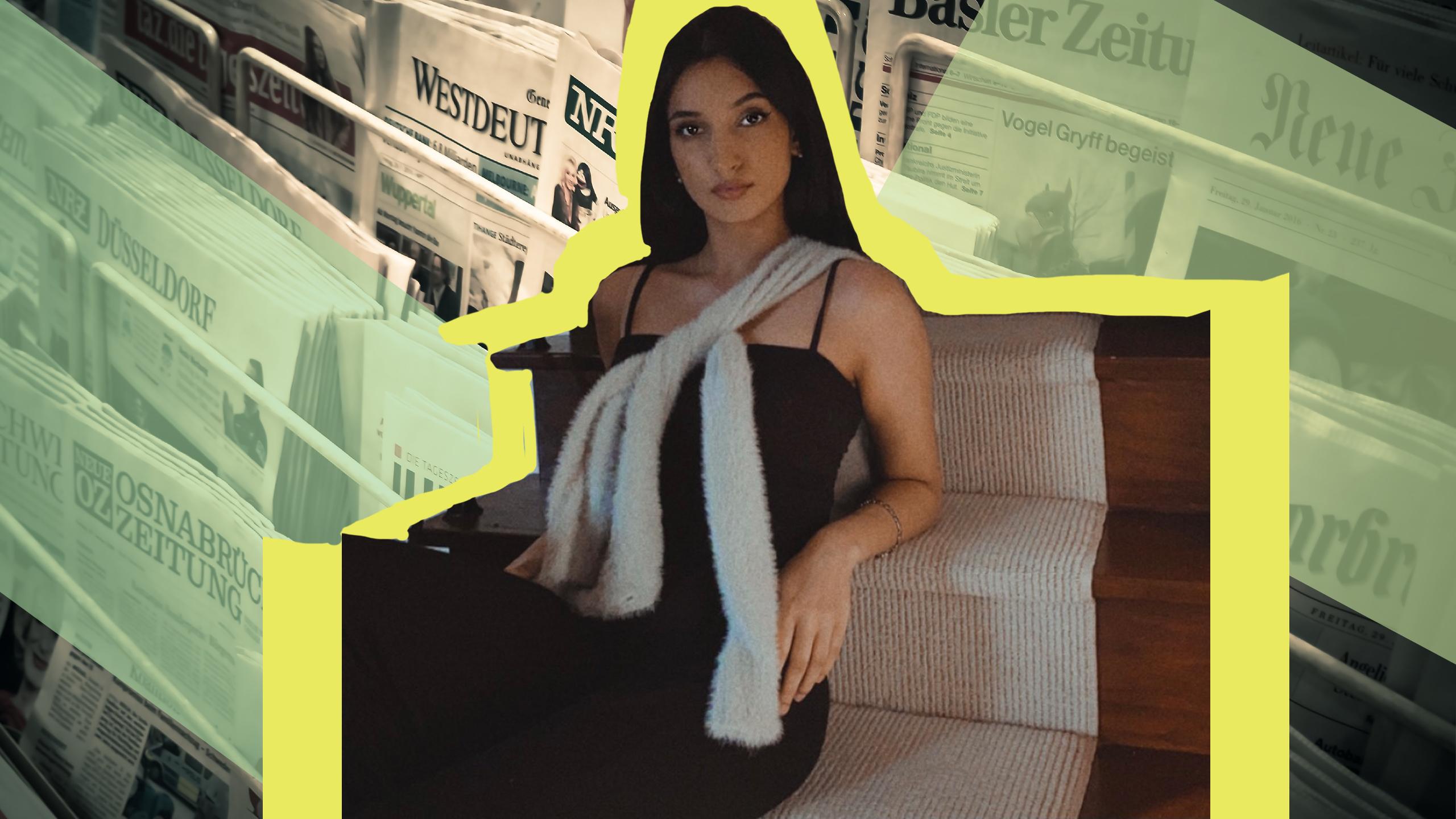 A collage of a racialized person sitting down with a newspaper stand behind them.