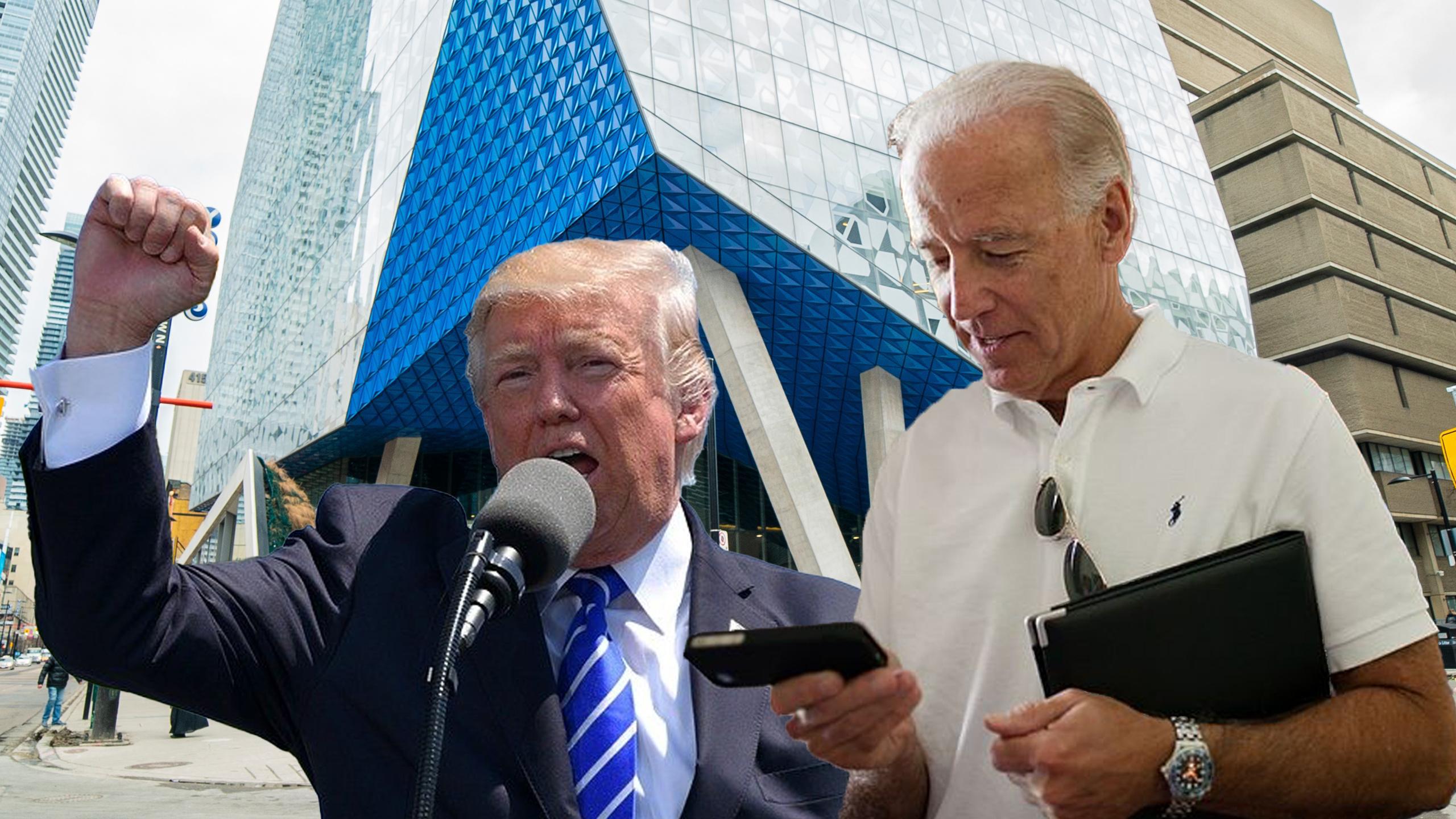 Donald Trump and Joe Biden photoshopped in front of SLC.