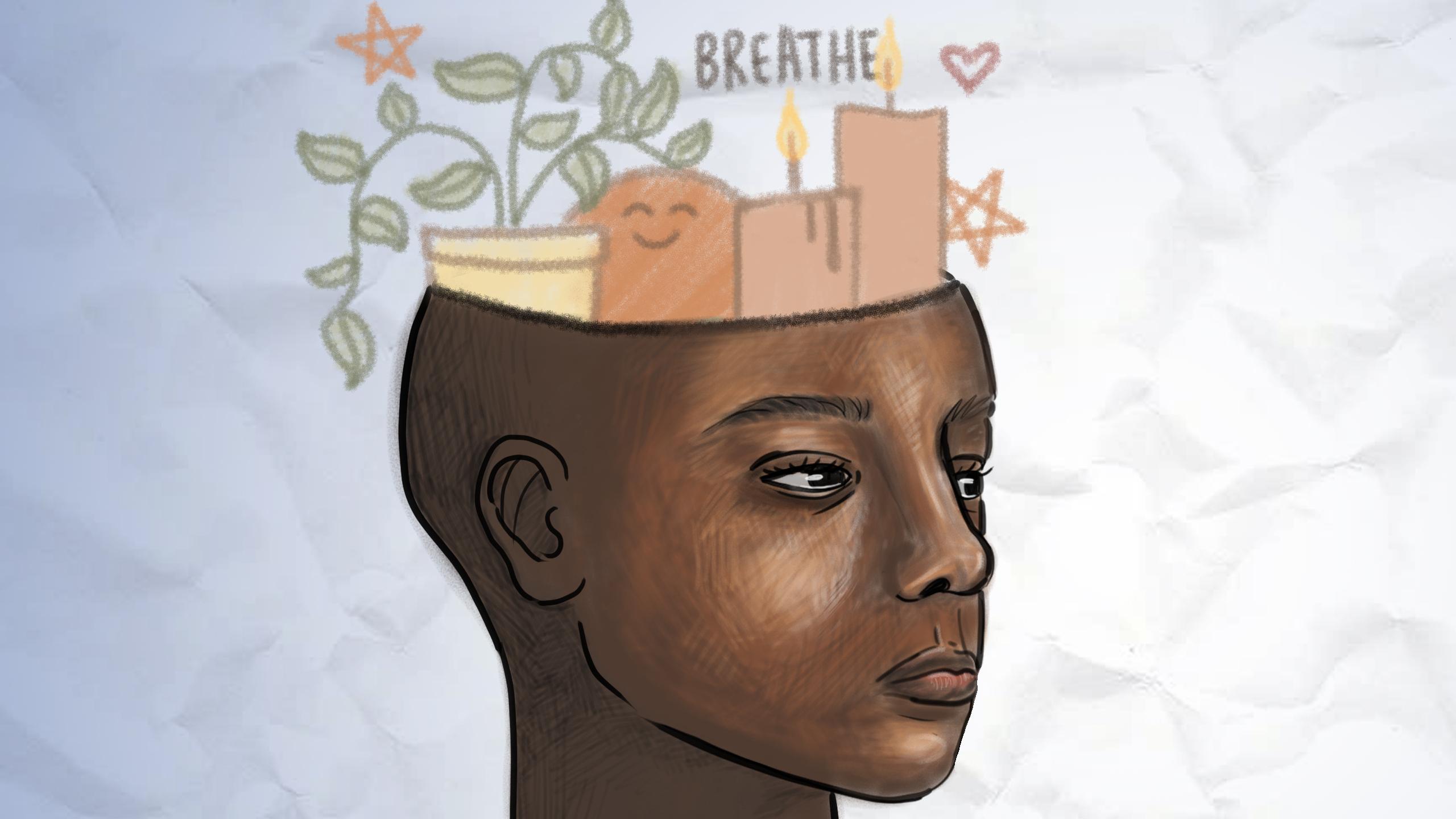 A solemn woman. Inside her head there are candles, plants, stars and hearts that are doodled in crayon.