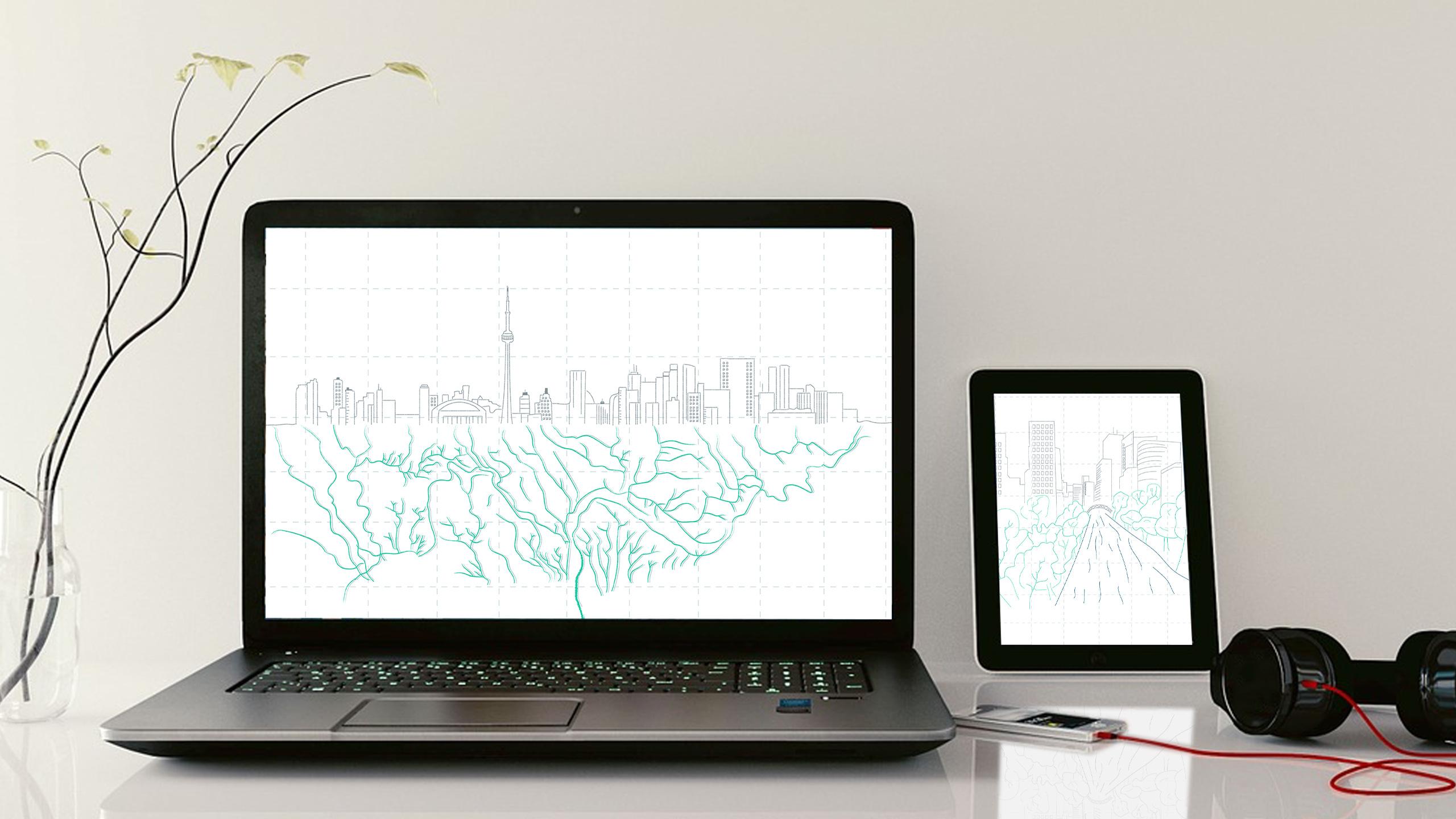 A tablet and a laptop screen displaying illustrations of Toronto.