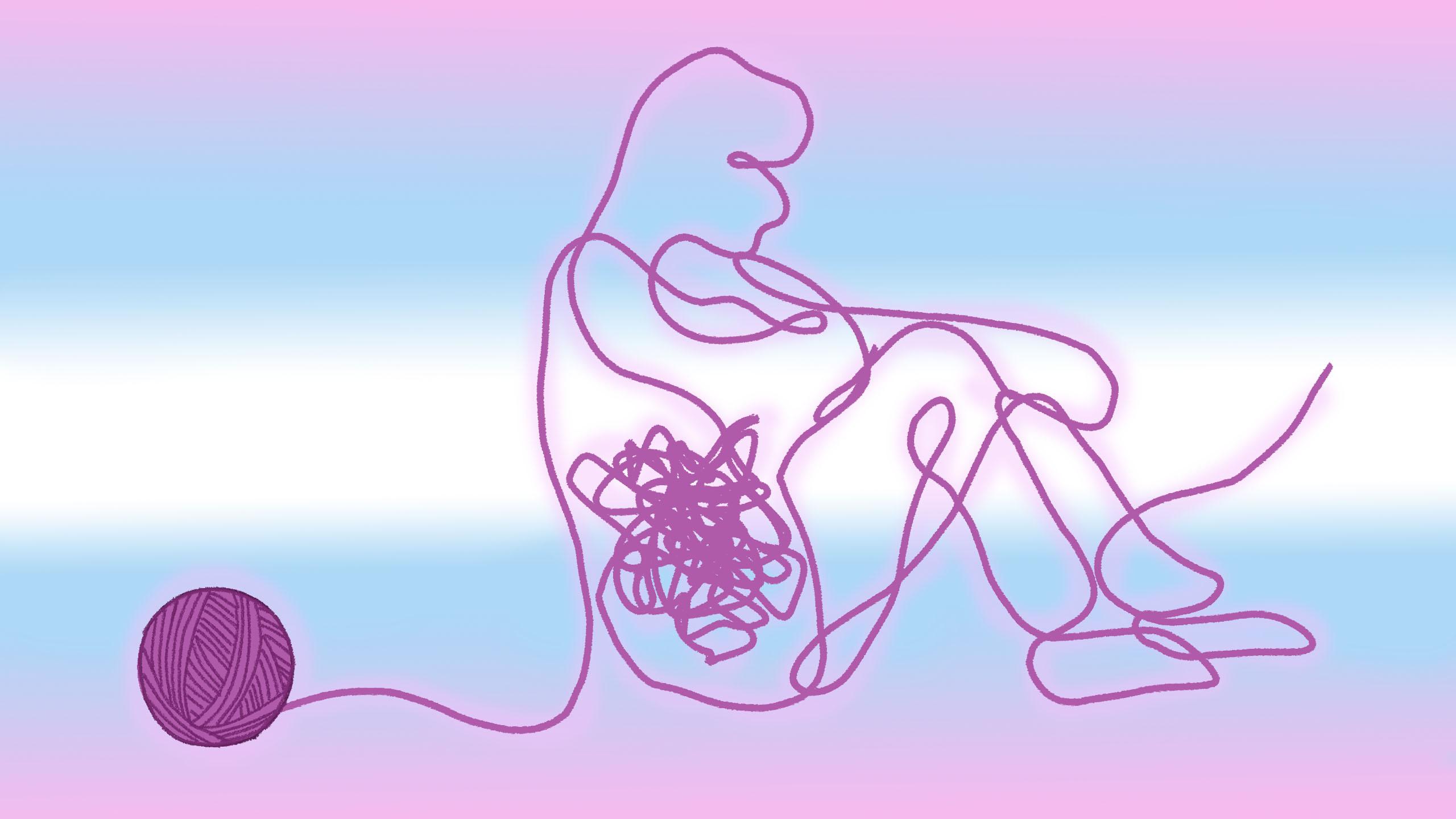 An illustration of a string of yarn forming the silhouette of a person sitting with their knees to their chest, with a tangled ball of yarn in their abdomen area. The background is the colours of the transgender pride flag: pink, blue and white.
