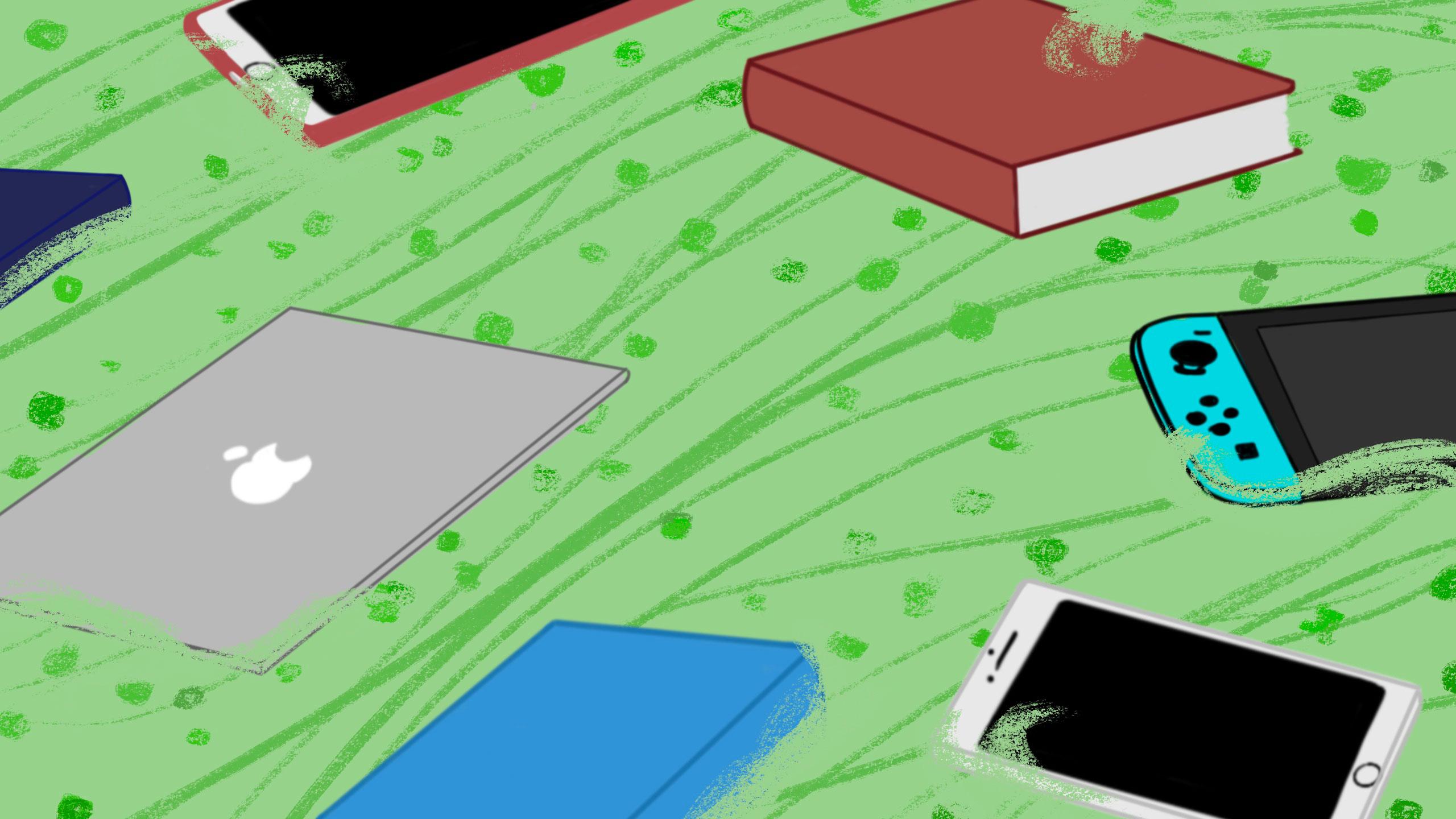 Laptop, phones and books floating on top of a "sea" of COVID-19 particles.