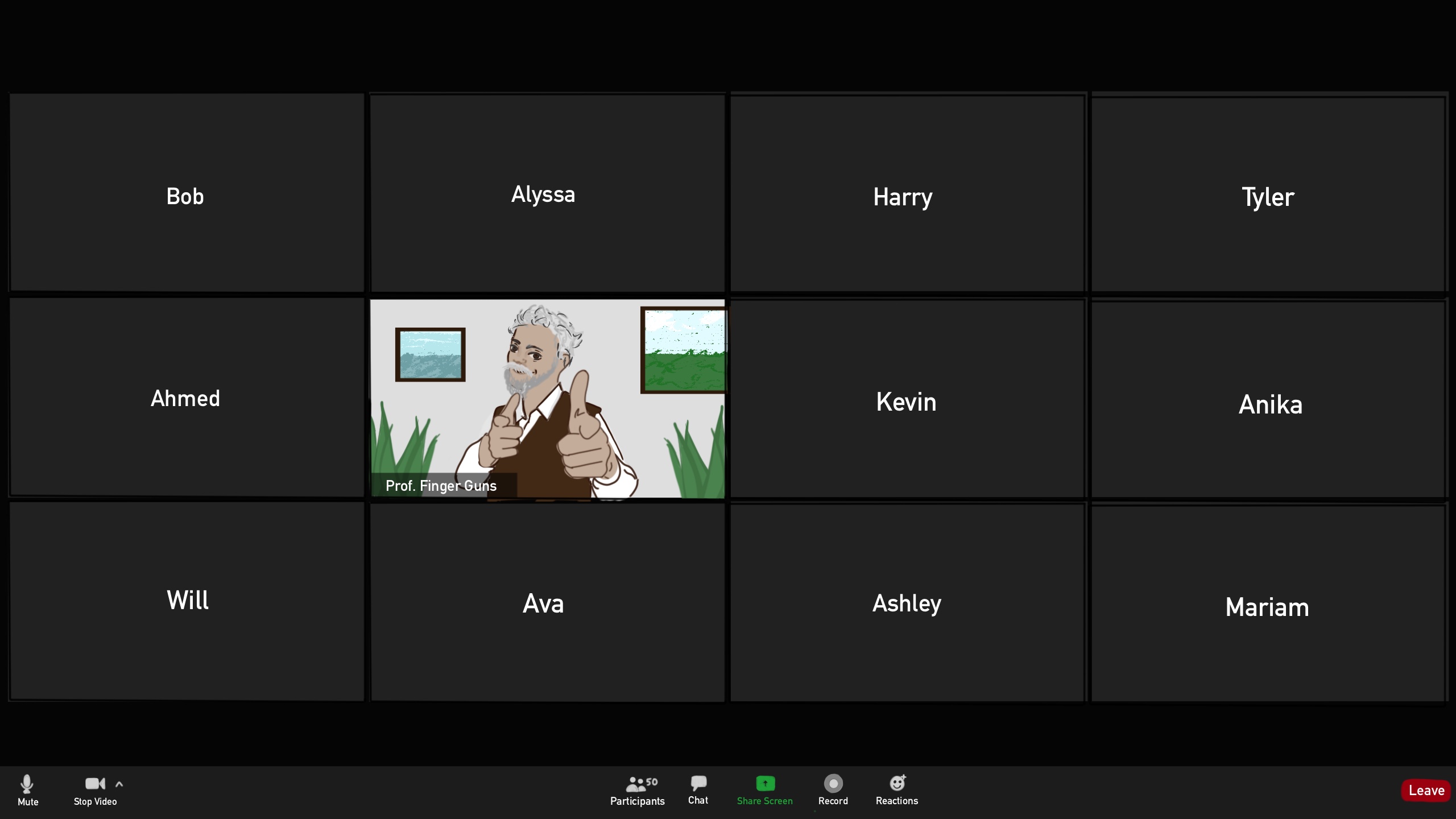 Zoom call screen, with all camera's turned off except the professor, who is smiling with finger guns held up.