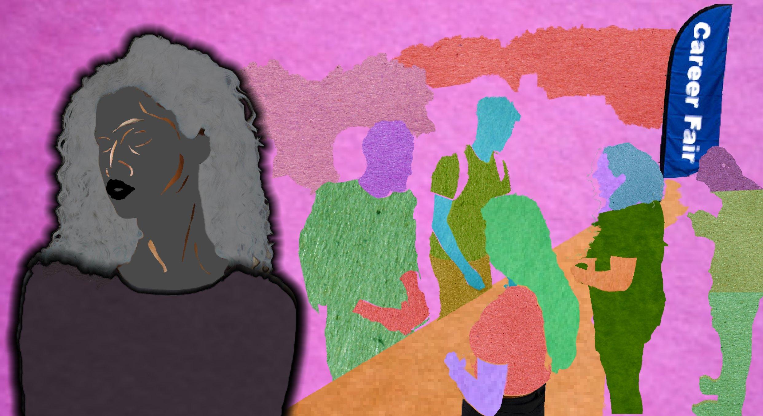 Collage of a woman at a career fair, everyone around her is in color and shes in all black.