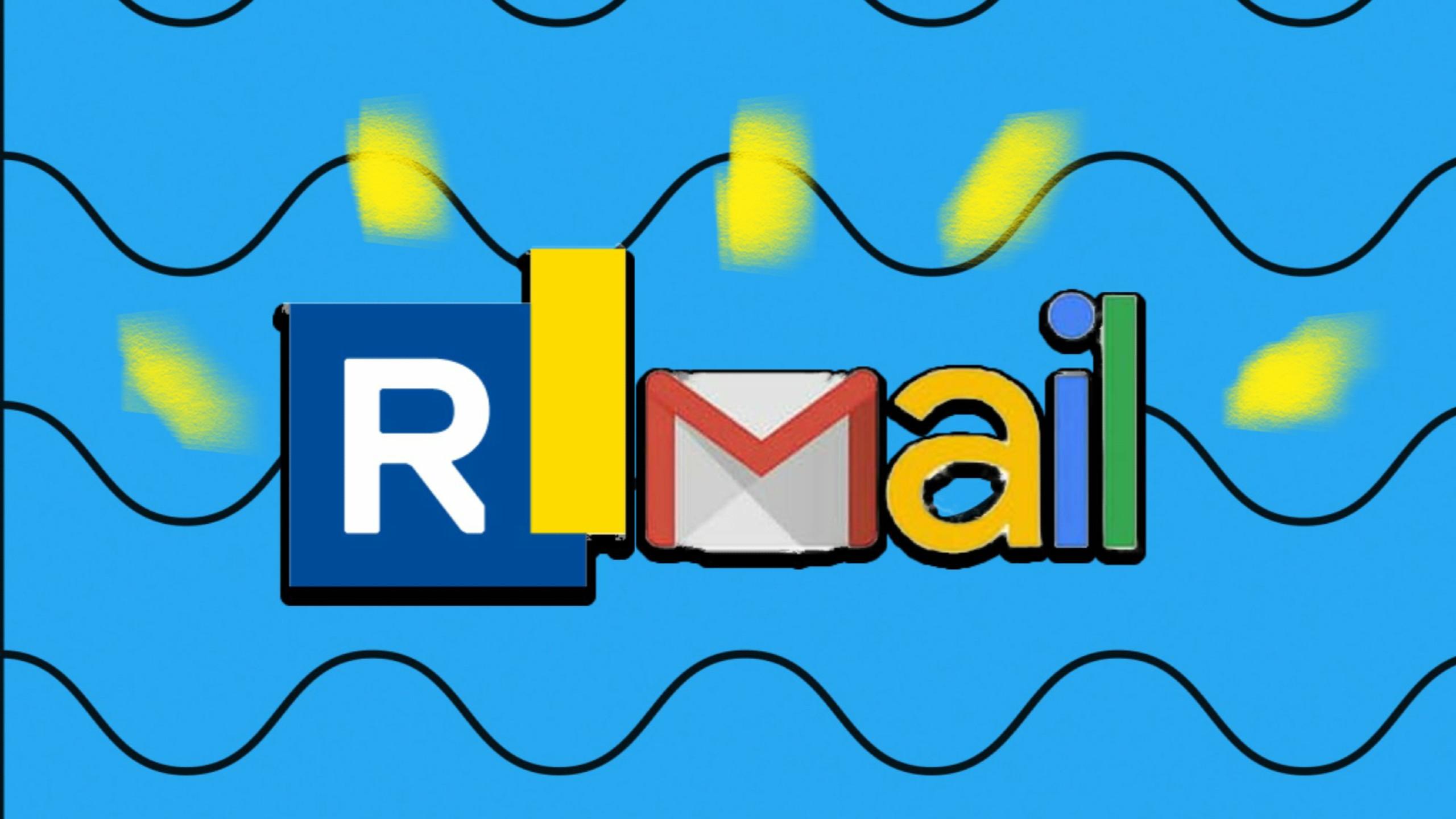 Email logo that spells 'RMail' in front of a blue wallpaper