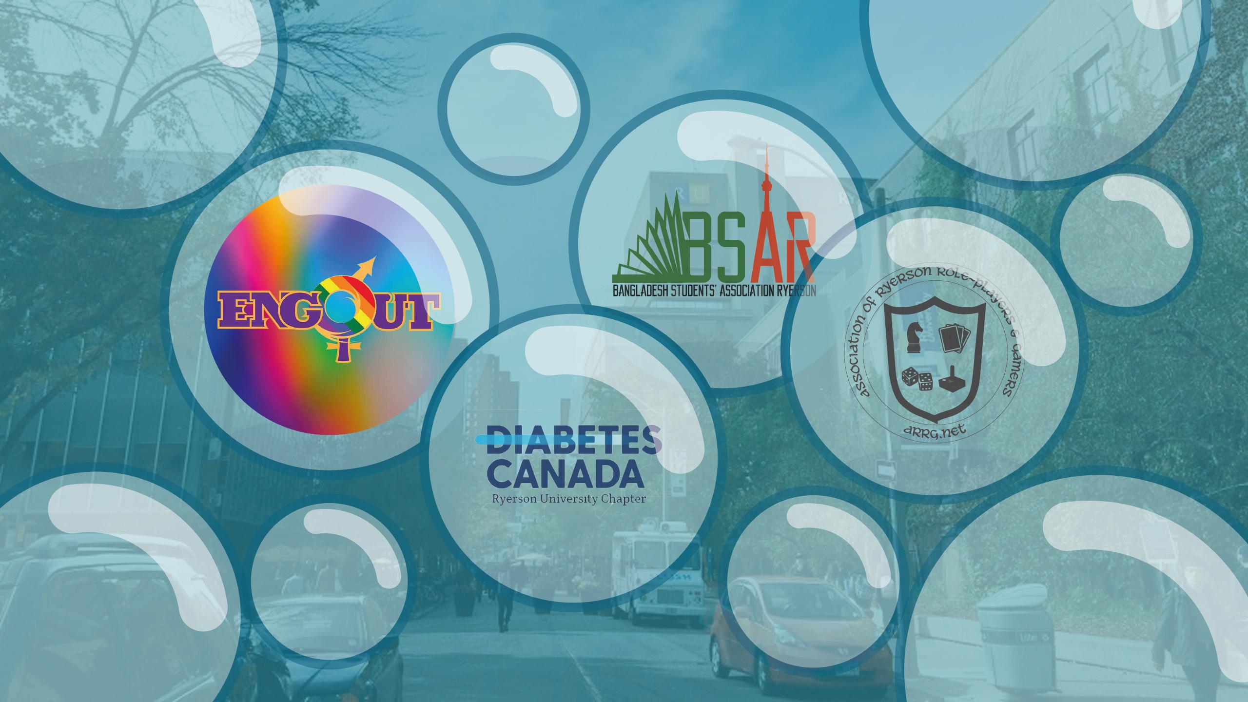 Different student group logos in bubbles floating across campus.