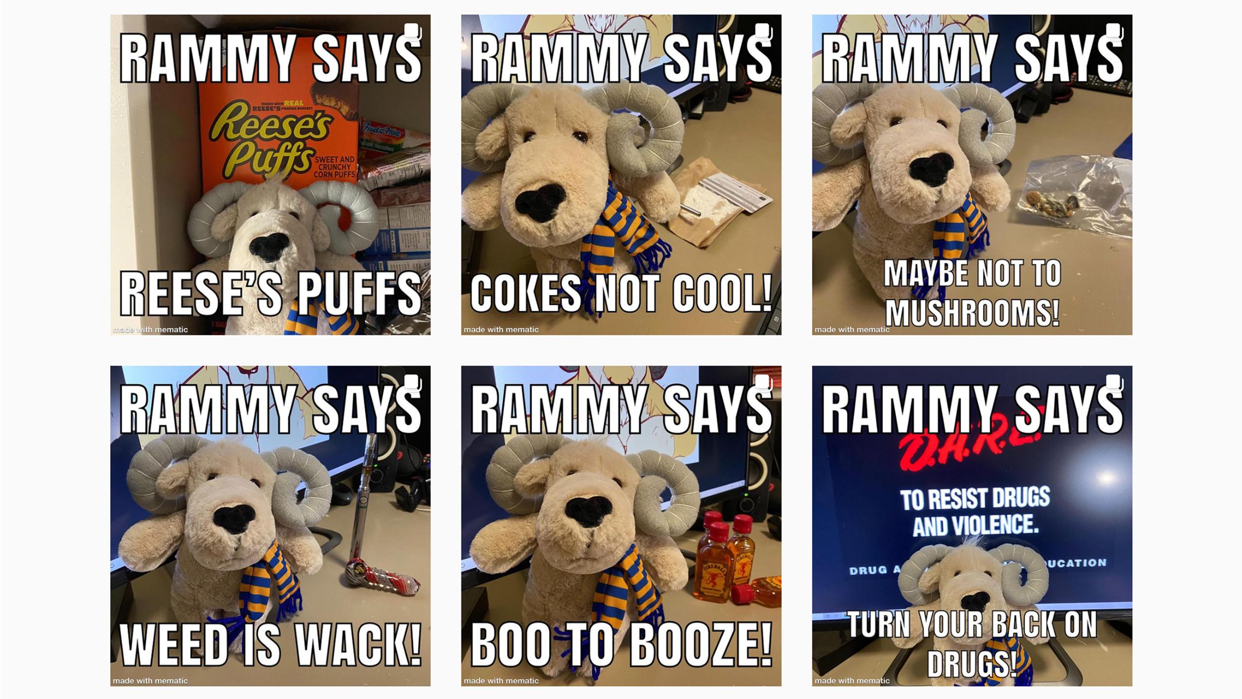 Six memes featuring an Eggy plushie with captions like "Rammy says boo to booze."
