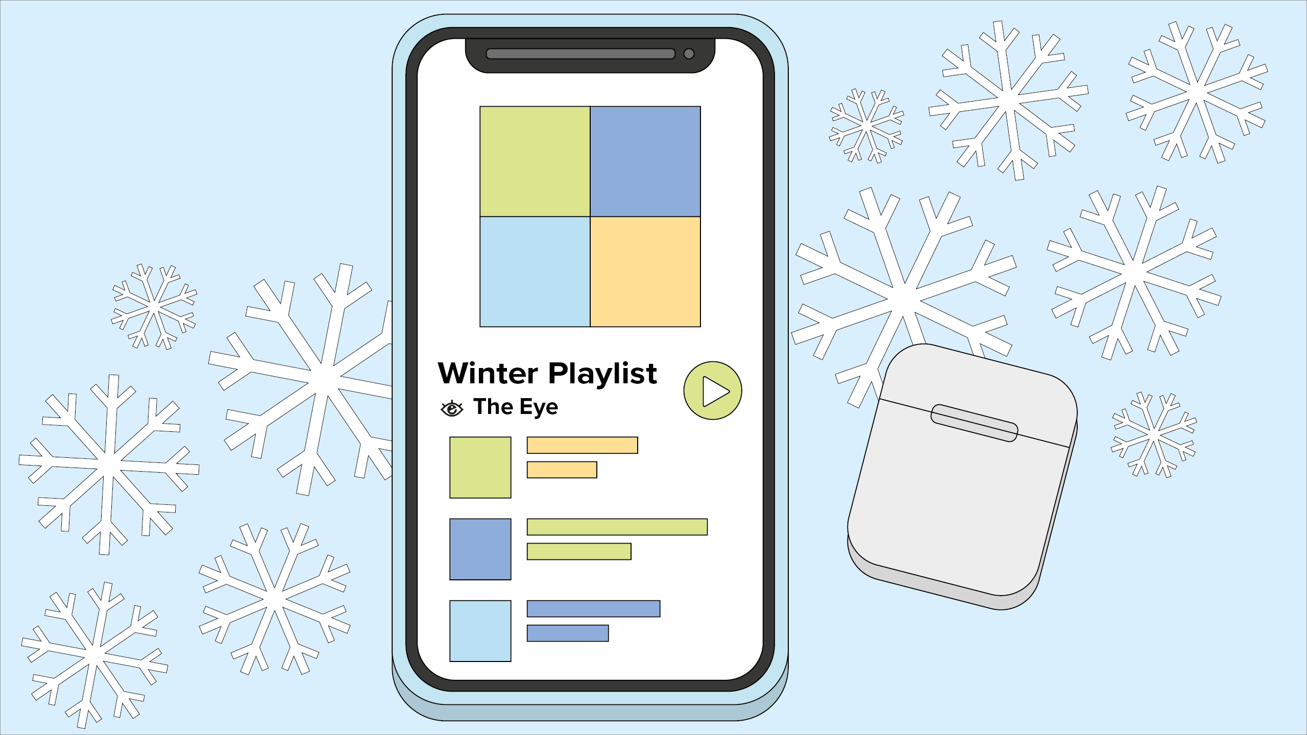 AirPods and a cellphone showing a winter playlist created by The Eye.