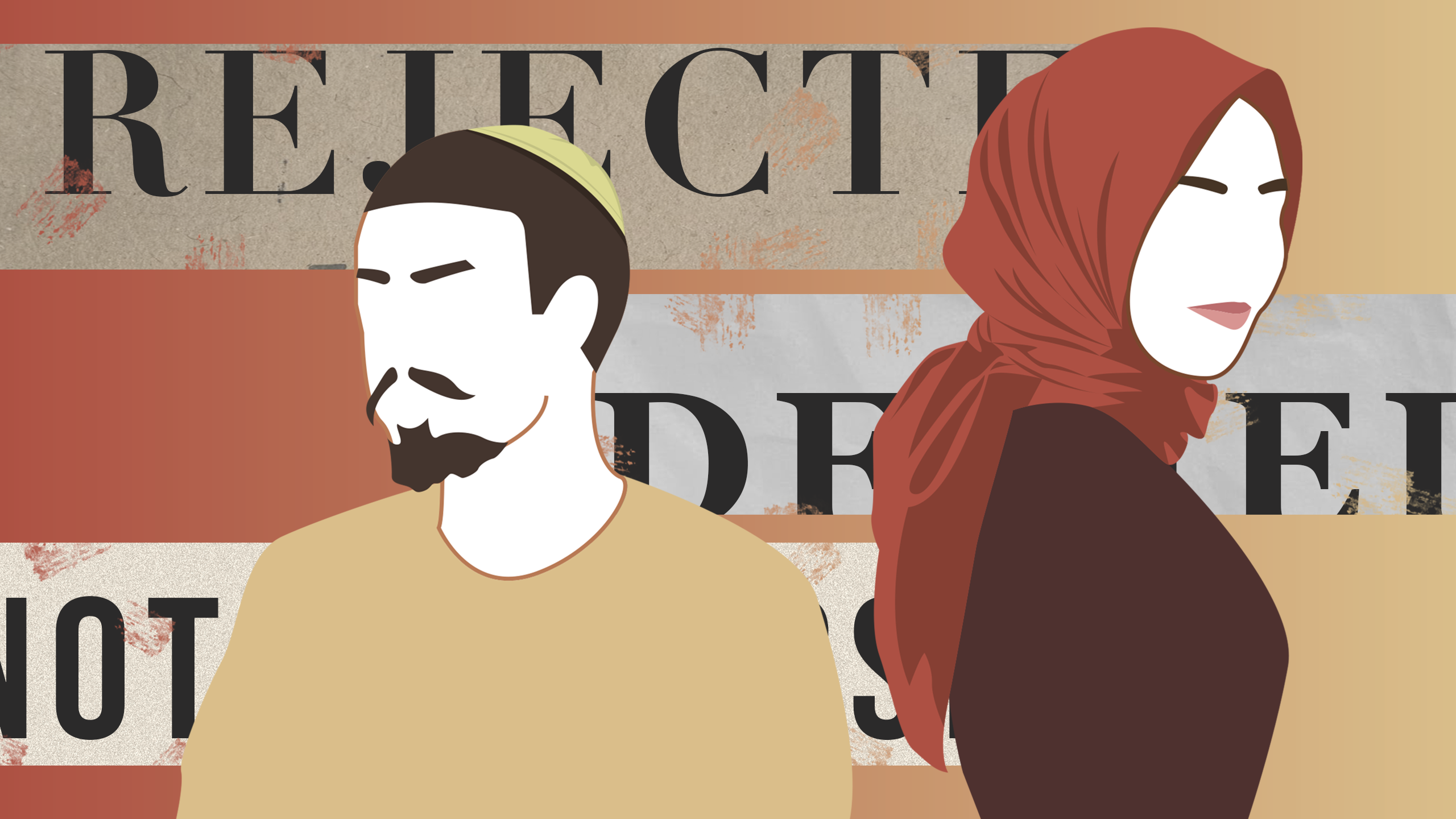 A man wearing a yarmulke and a woman wearing a hijab.