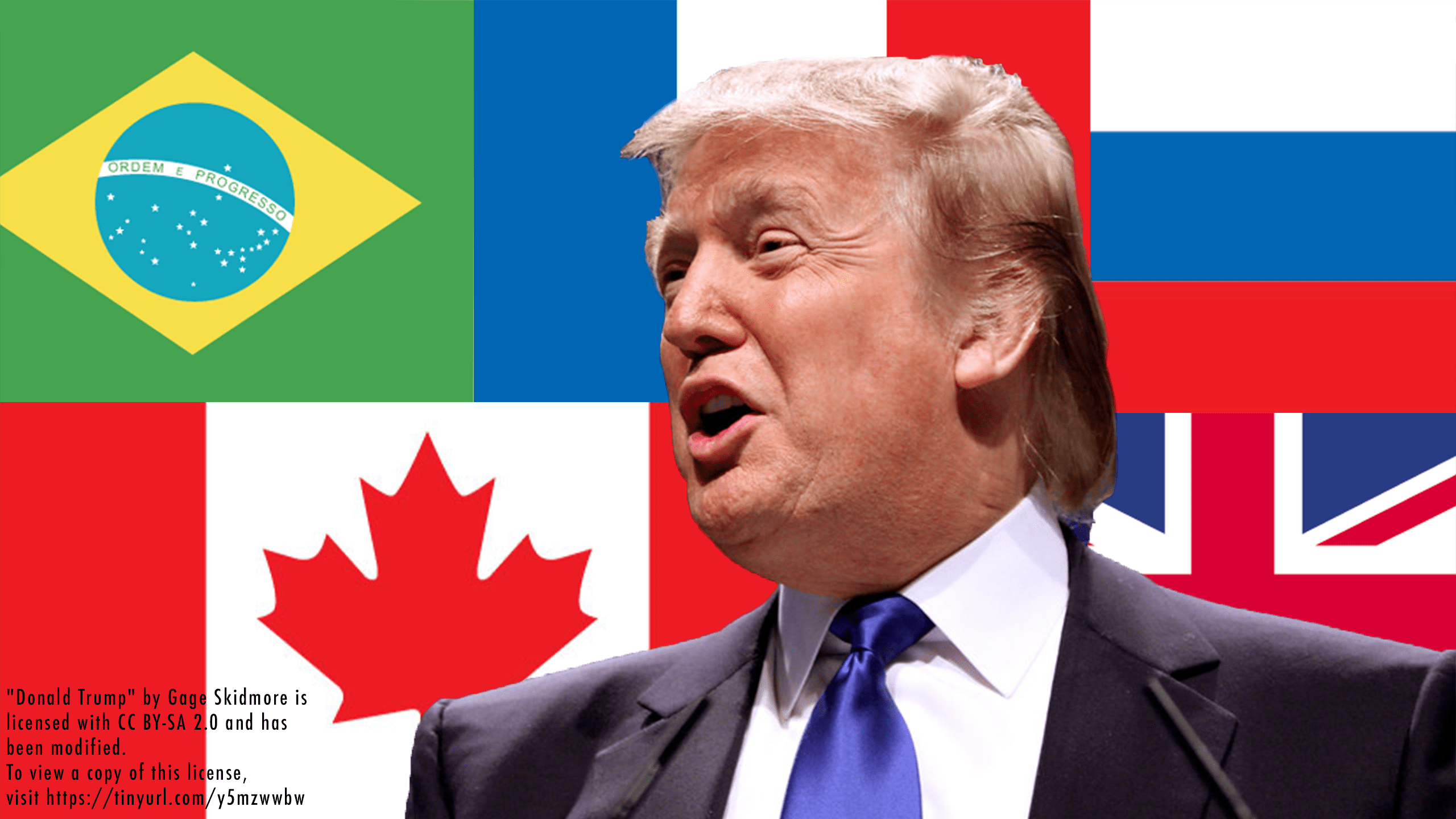 Donald Trump in front of a collage of world flags.