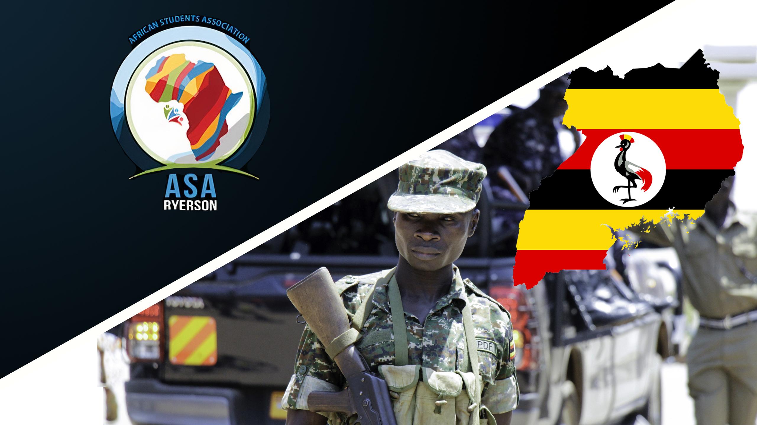 Logo of Ryerson's African Students Association next to 2016 photo of Uganda's military police