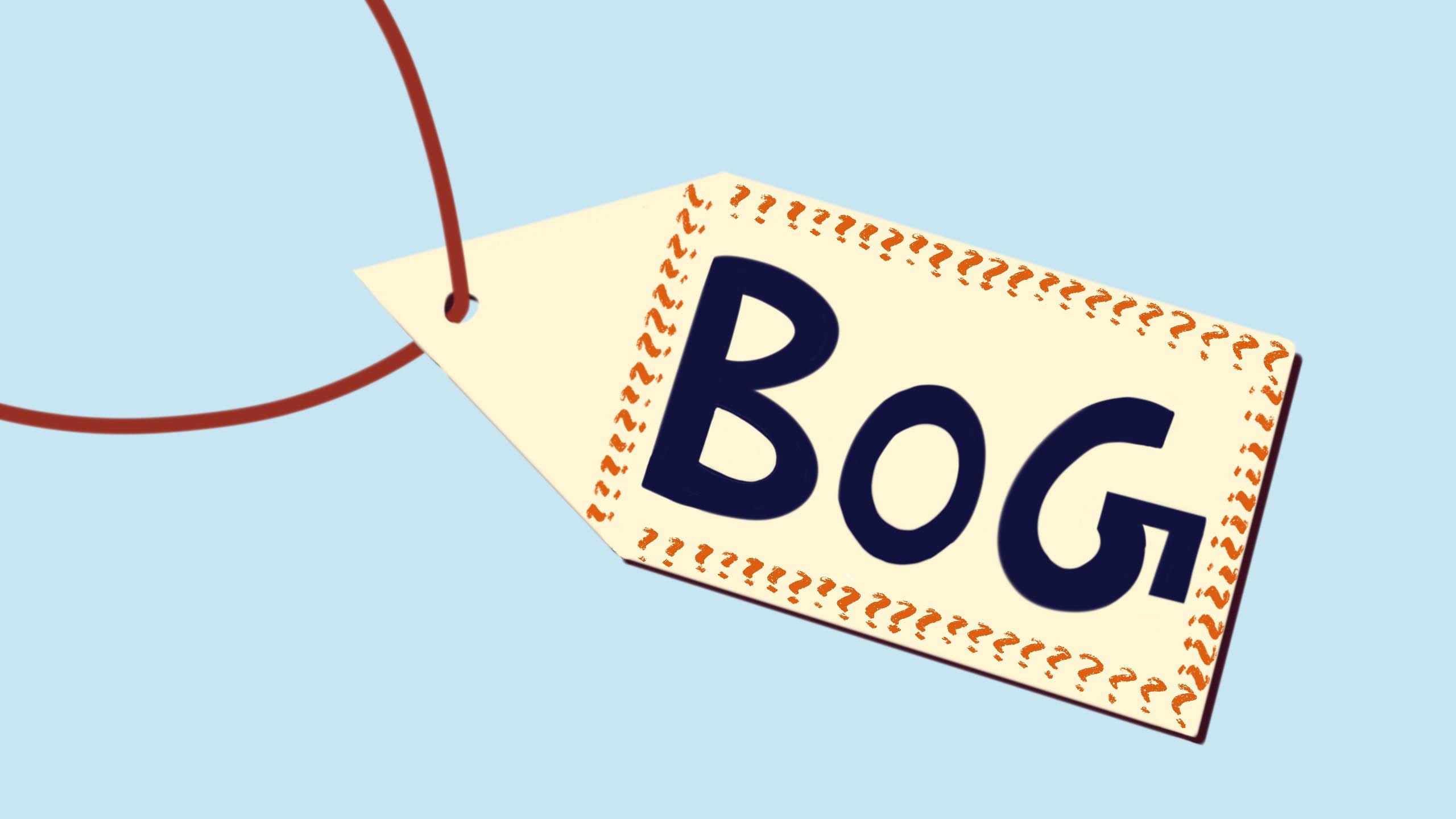 A white tag on a blue background with the letters "BoG" written on it