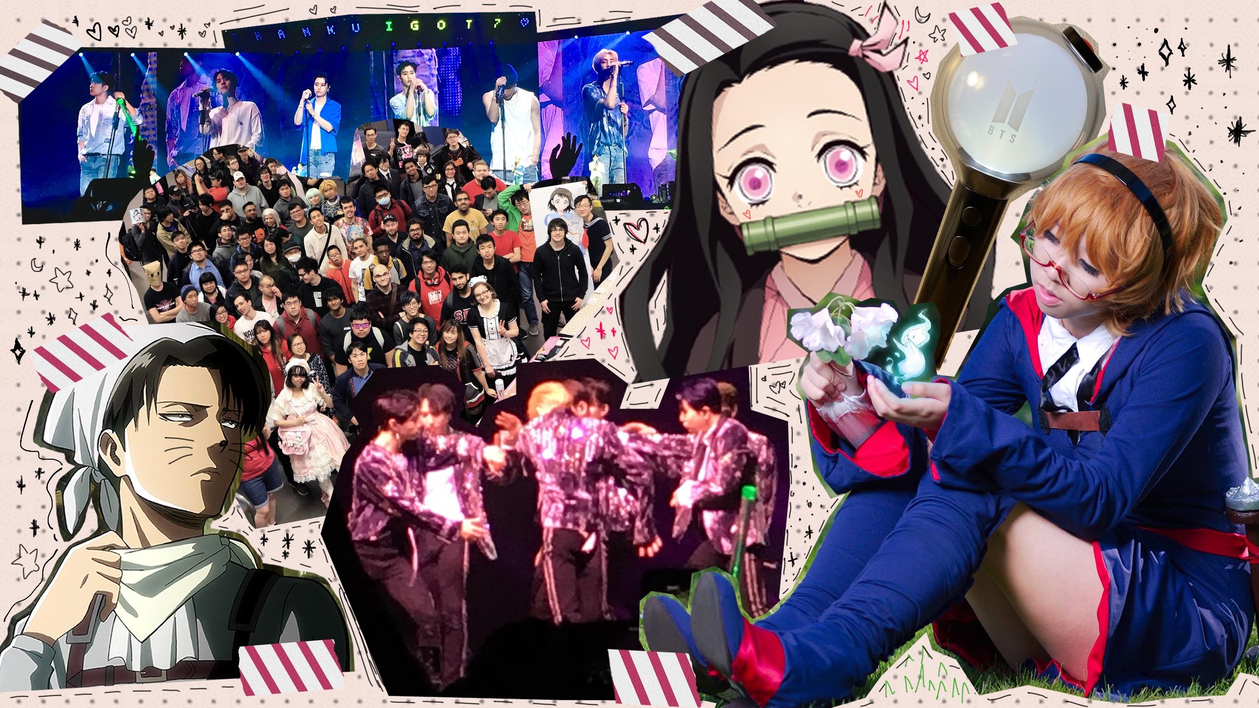 Arrangment of GOT7 concert photos, convention photos, Attack on Titan's Levi Ackerman, Demon Slayer's Nezuko and a cut out of cosplayer Trisha Chockie Wong.
