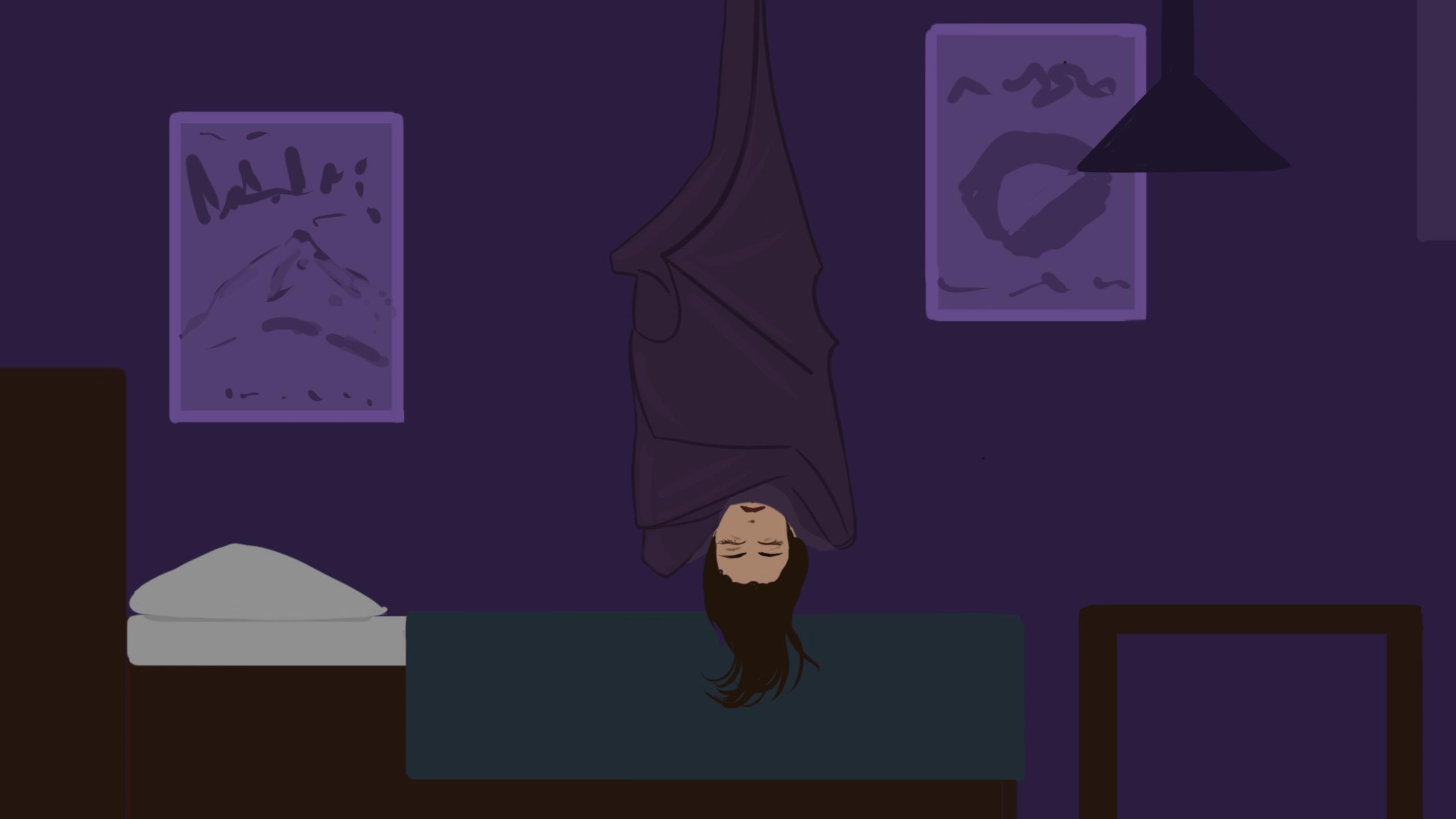 A bat with a human face hanging upside down over their bed.