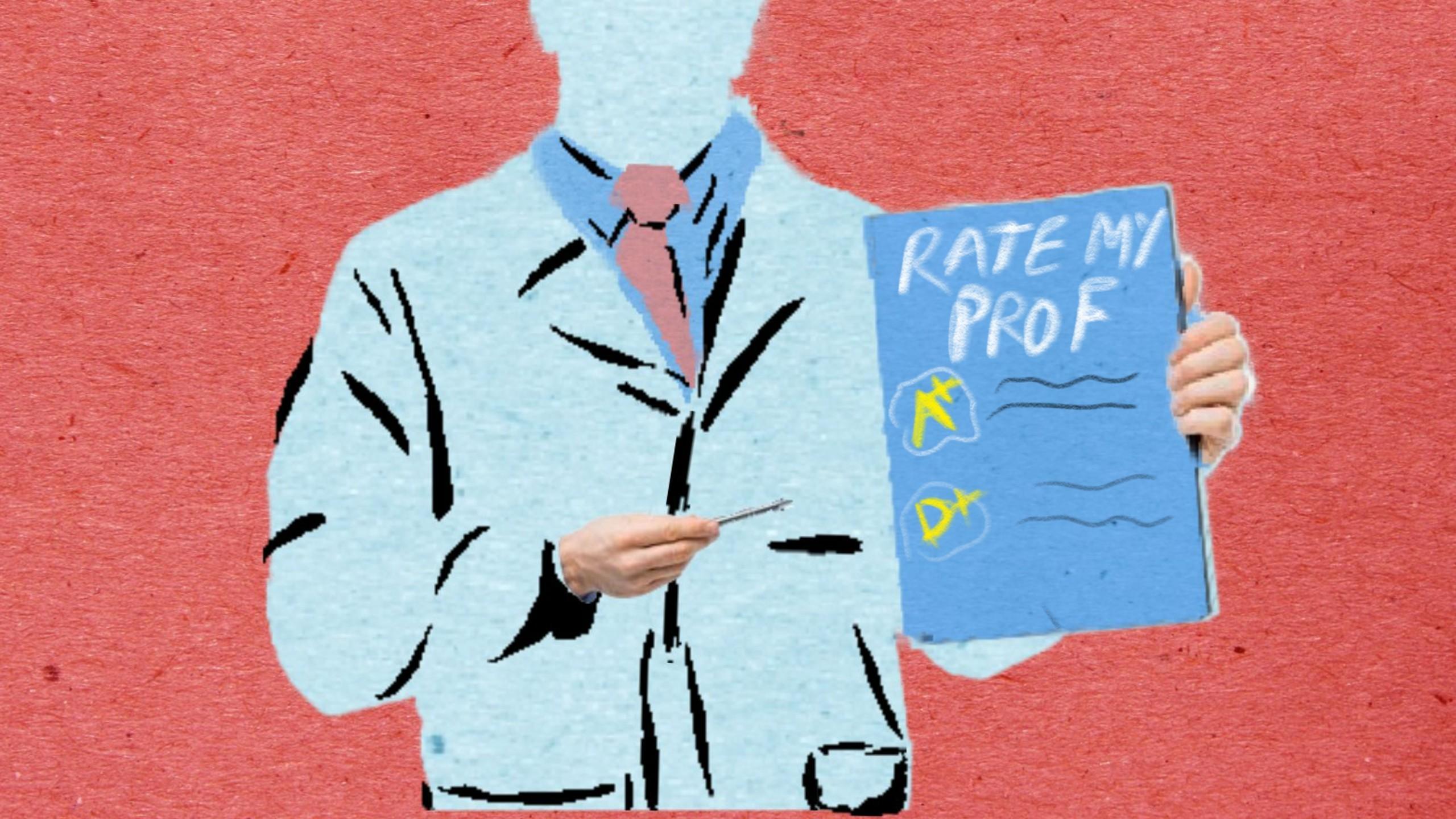 Person in a blazer points to a report that says "Rate My Prof"