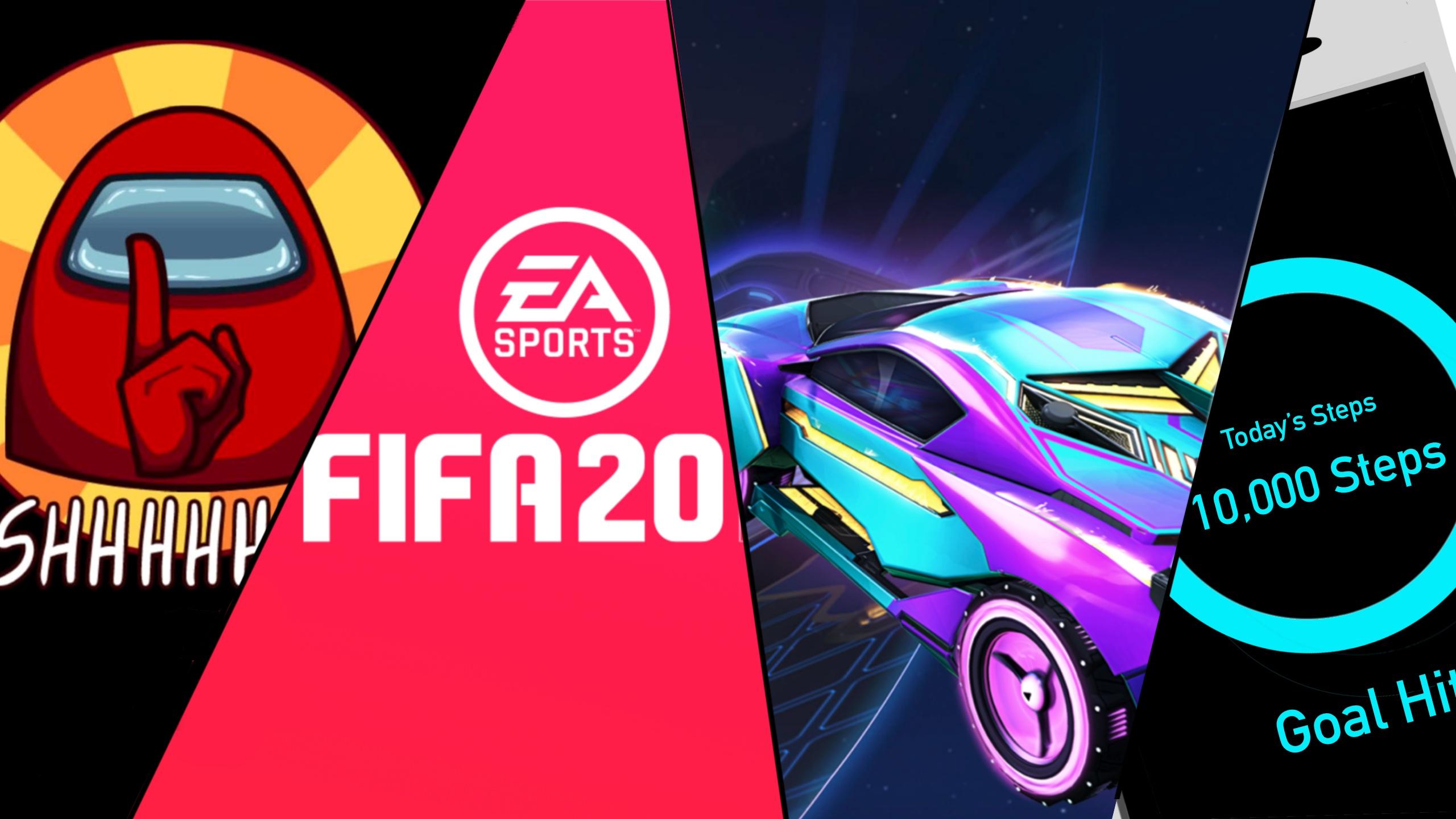 Photo of Among Us Screenshot, FIFA 20 Poster, Rocket League Official Art and screen displaying 10,000 steps.