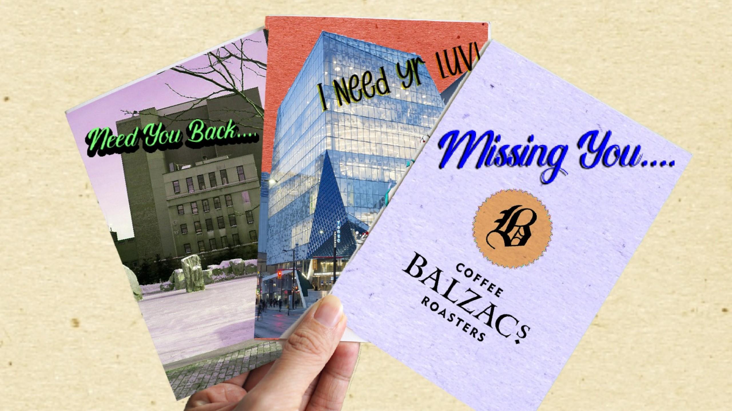 Three greeting cards each saying "i miss you"