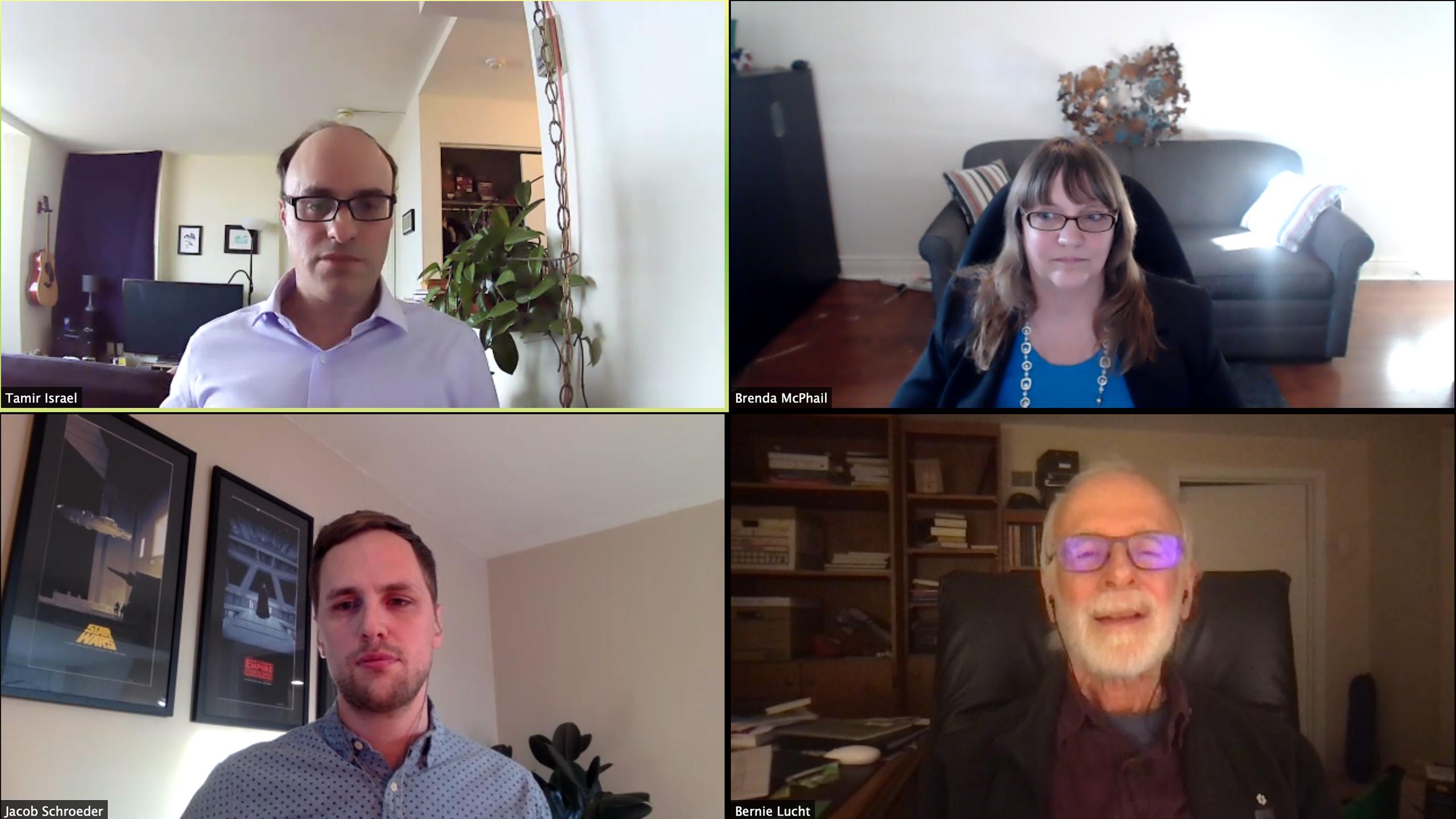 A video call with Tamir Israel, Brenda McPhail, Jacob Schroeder and Bernie Lucht.