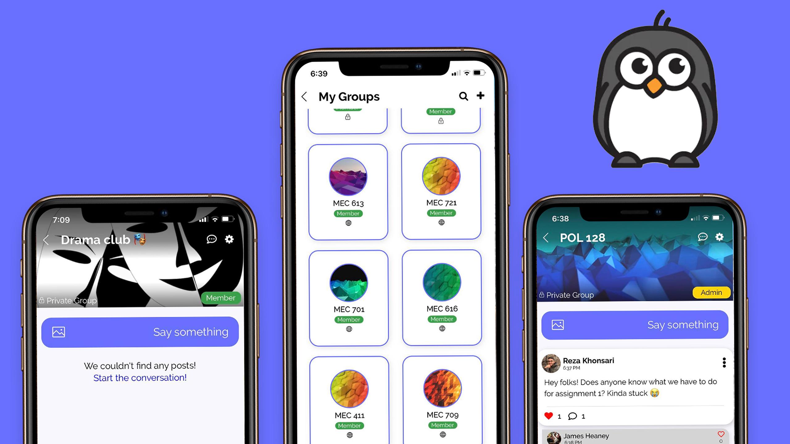 Three smart phones displaying the user interface of RU Friends, and a penguin on the top right corner