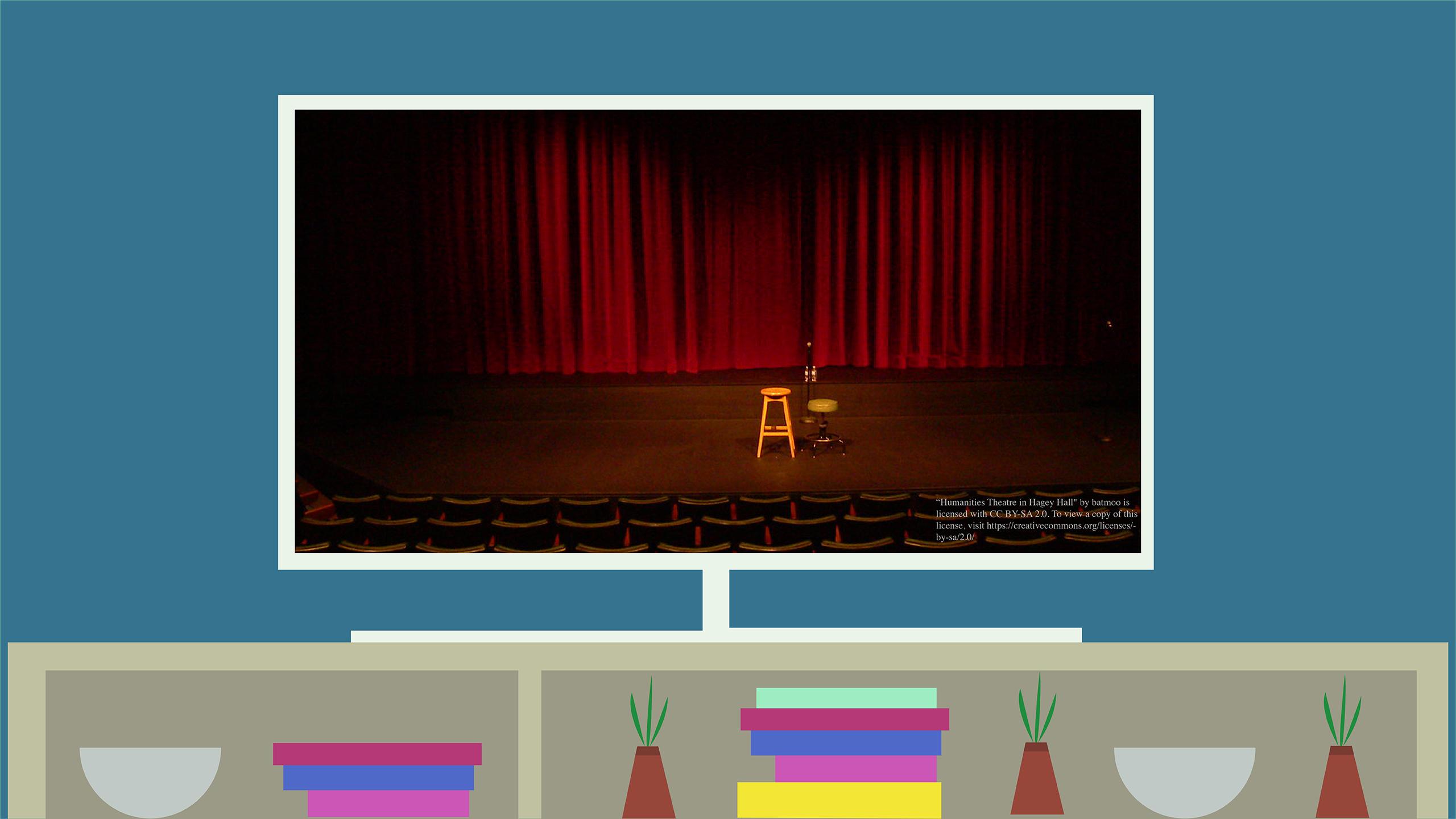 An illustration of a TV sitting on a TV stand. On the screen, it shows a theatre stage with a stool and mic.